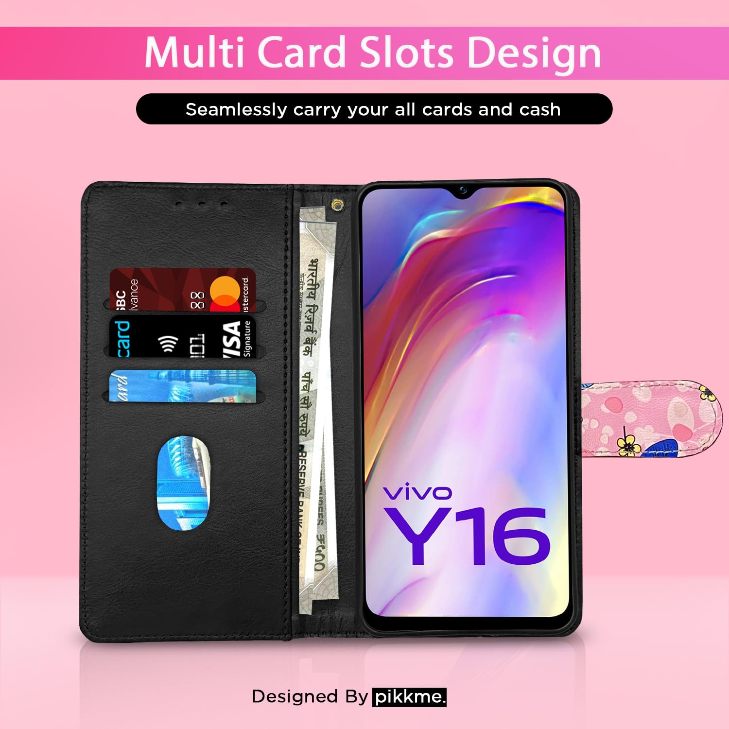 Pikkme Vivo Y16 Wallet pink flower mobile flip cover – photo 2