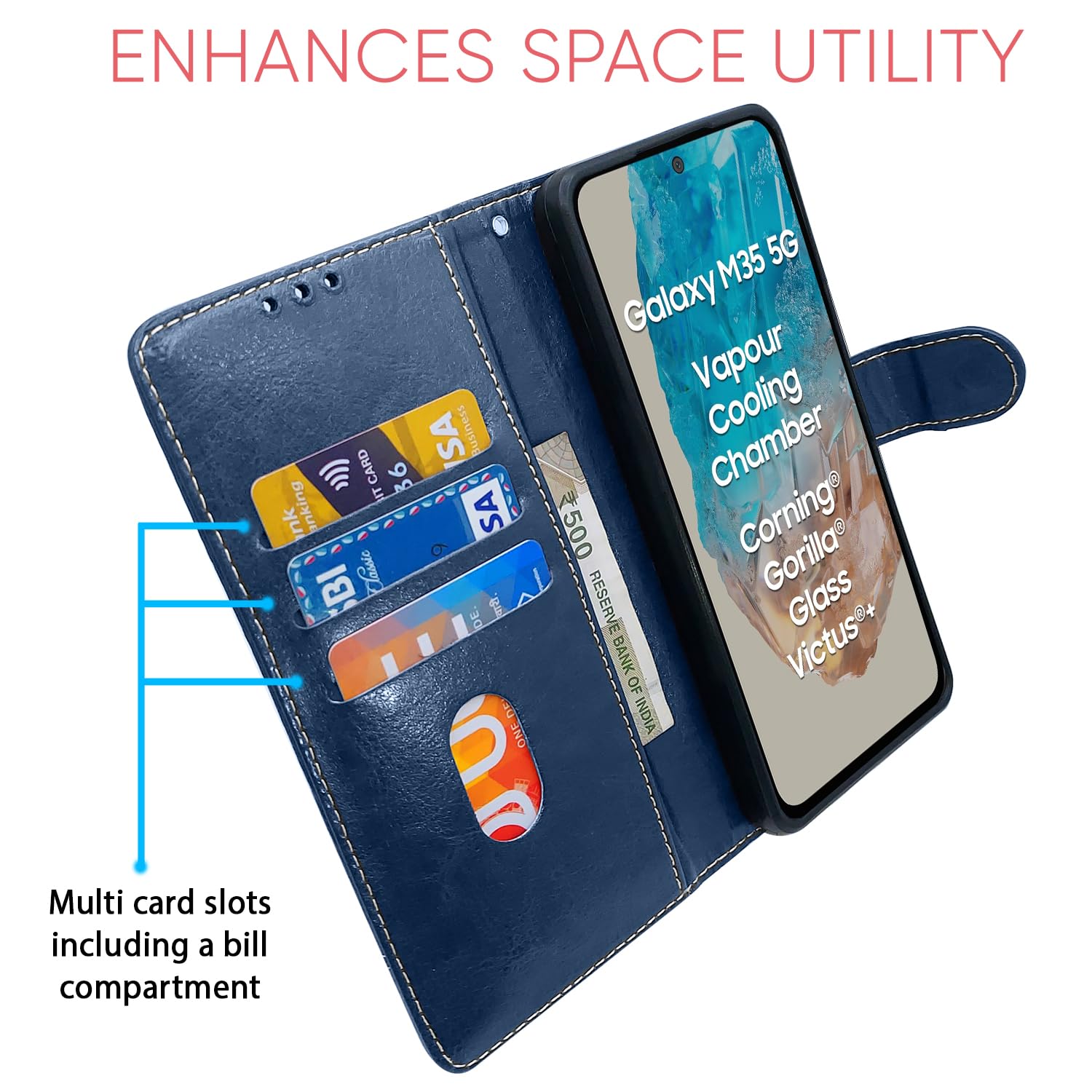 Blue & brown Magnetic wallet flip cover for Samsung M35 5G – Pikkme – photo 4