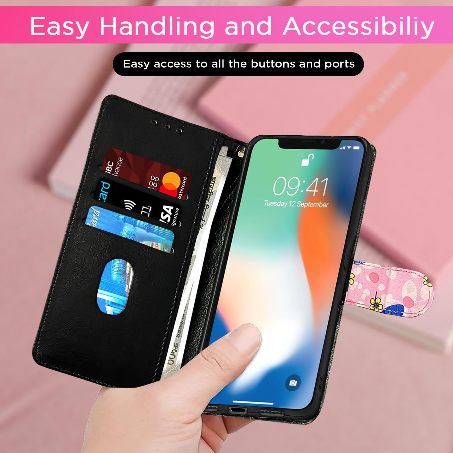 Pink flower Wallet mobile flip cover for iPhone X/XS – Pikkme – photo 7