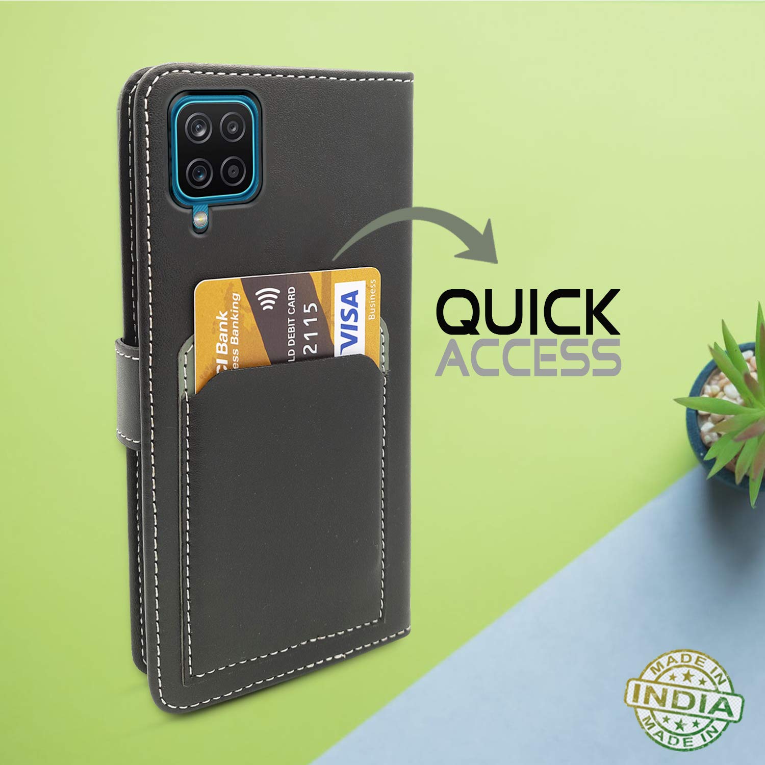Pikkme Samsung Galaxy M12 / F12 / A12 Wallet Style Inbuilt Pockets & Stand | Strong Magnetic Flip Cover  (Grey)