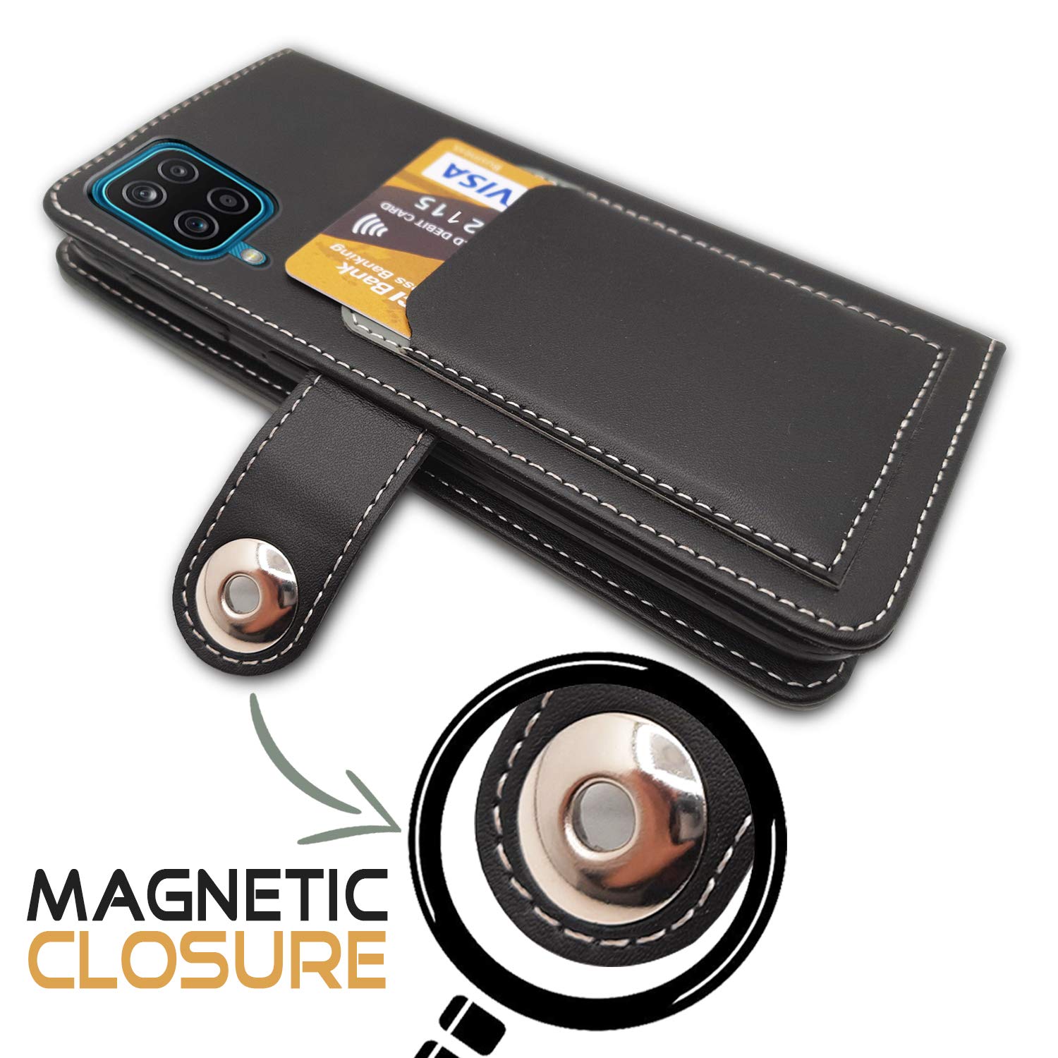 Pikkme Samsung Galaxy M12 / F12 / A12 Wallet Style Inbuilt Pockets & Stand | Strong Magnetic Flip Cover  (Grey)