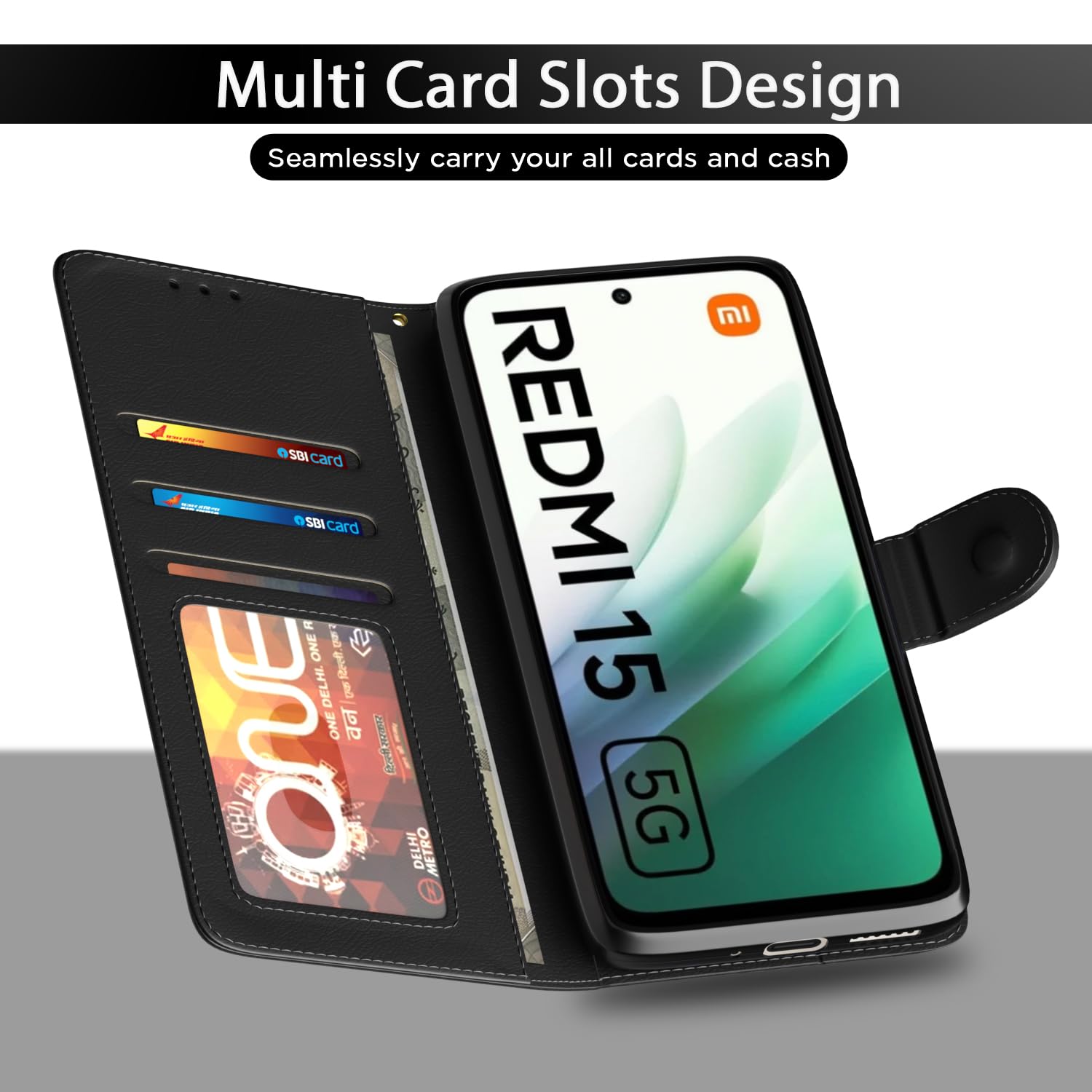 Redmi 15 5G Wallet mobile flip cover in black by Pikkme – photo 5