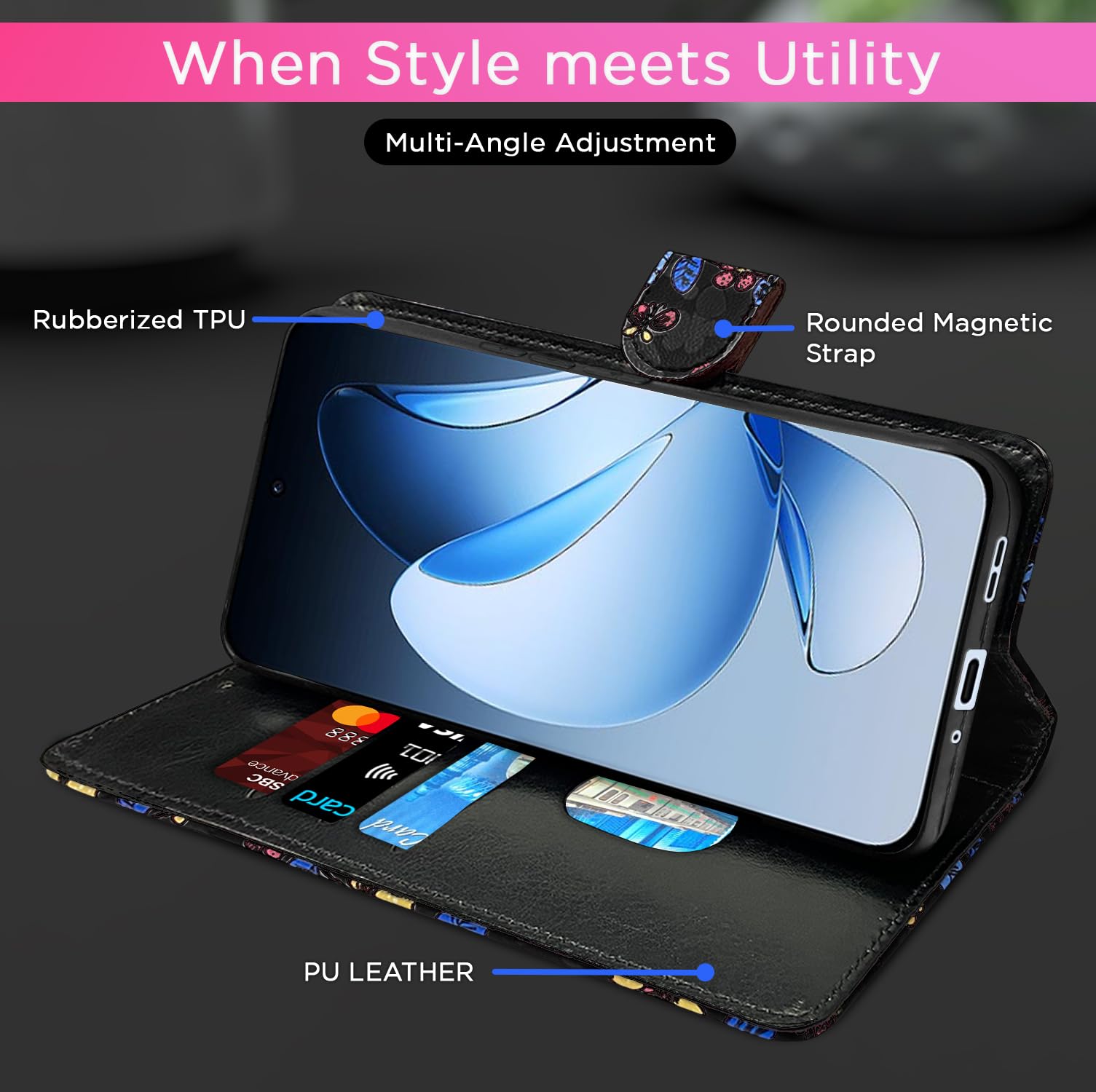 Pikkme black flower mobile flip cover for Oppo Reno 13 5G – photo 5