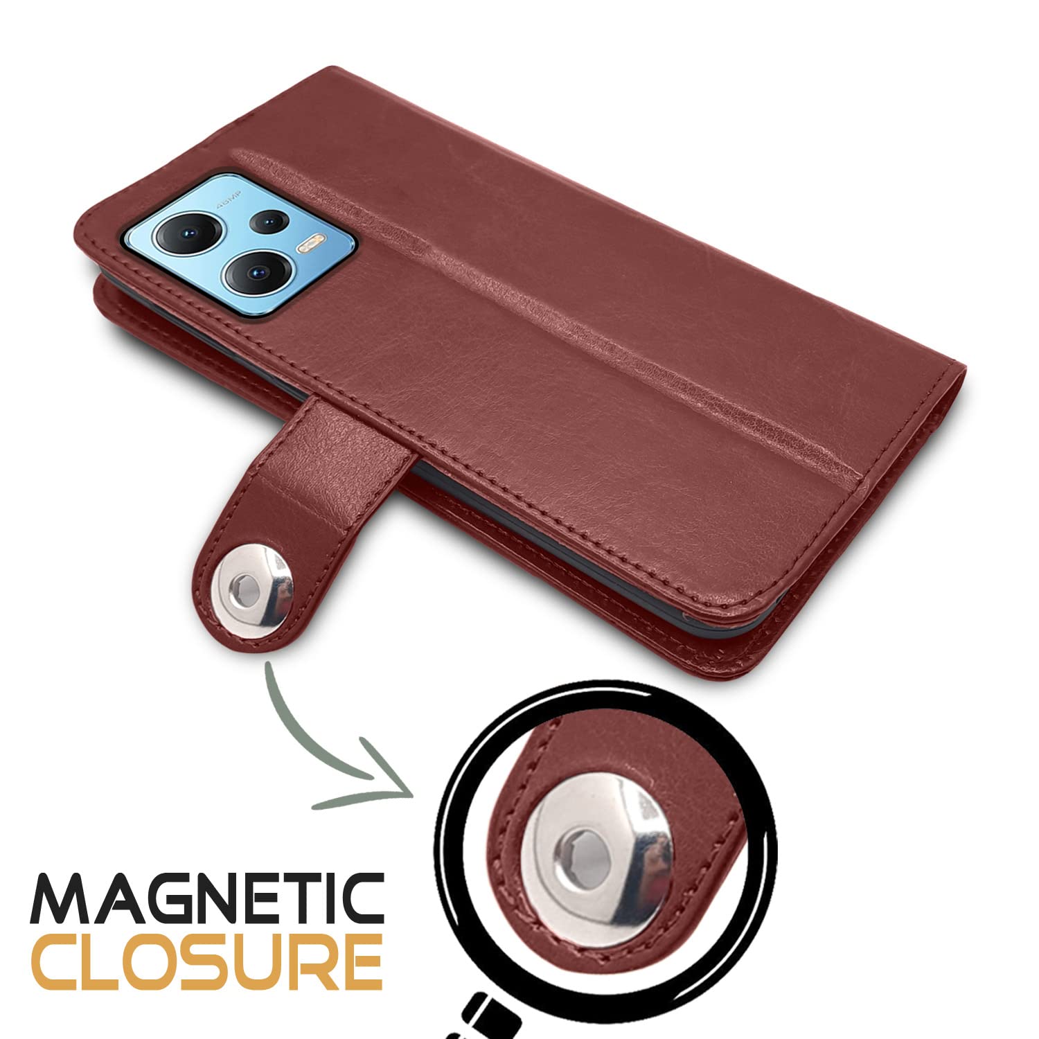Pikkme Redmi Note 12 Pro Plus 5G button brown mobile flip cover – photo 4