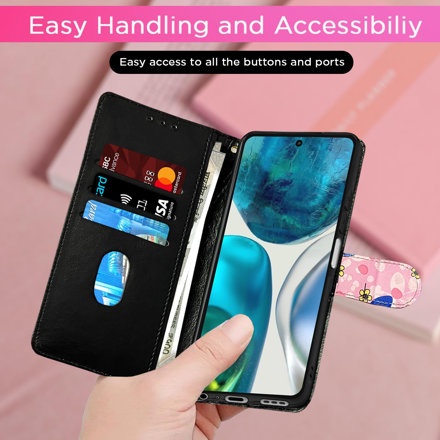 Moto G52/G82 5G Wallet wallet flip cover in pink flower by Pikkme – photo 7