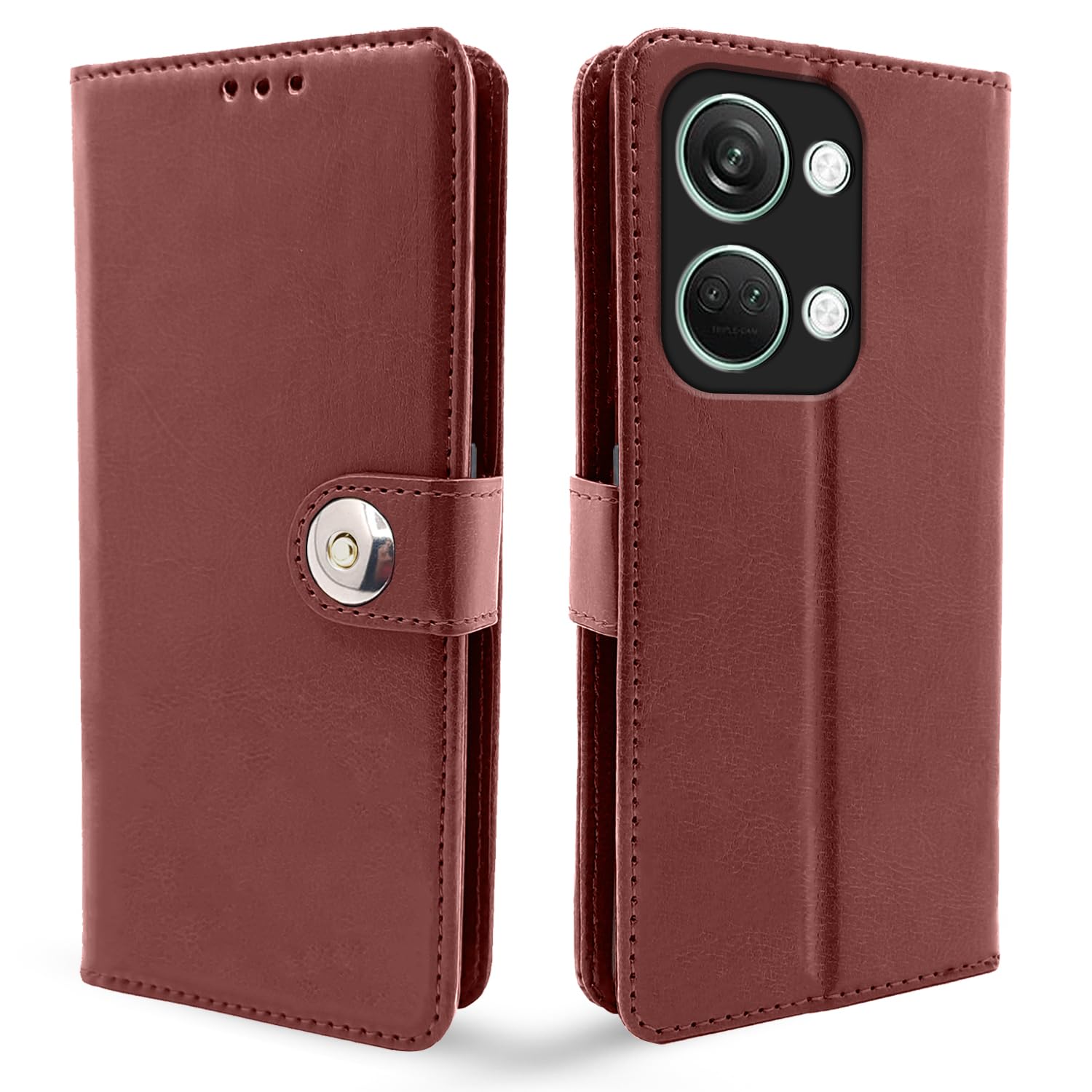 OnePlus Nord 3 5G Button wallet flip cover in brown by Pikkme