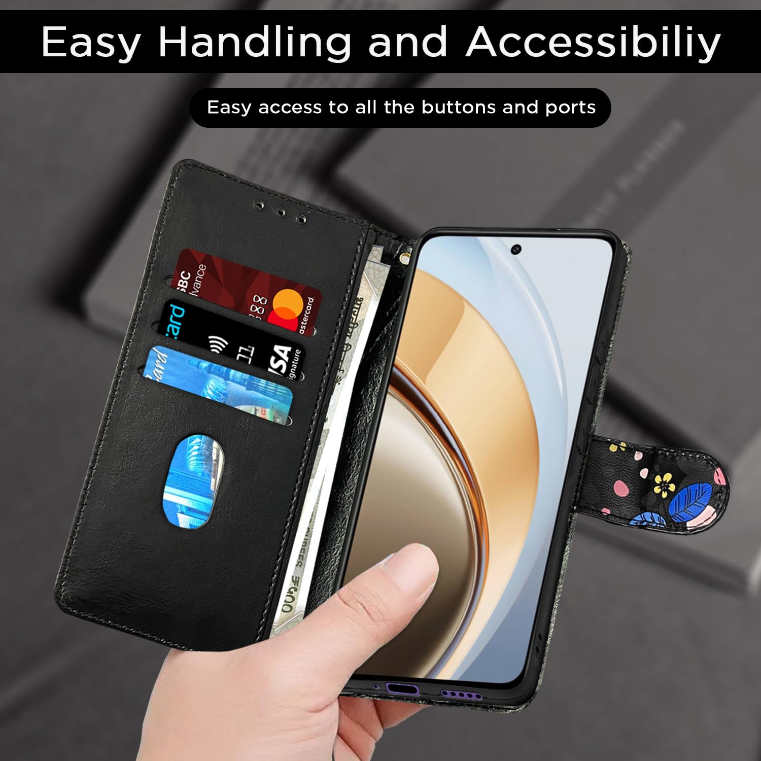 Pikkme Vivo Y300 5G black flower wallet flip cover – photo 7