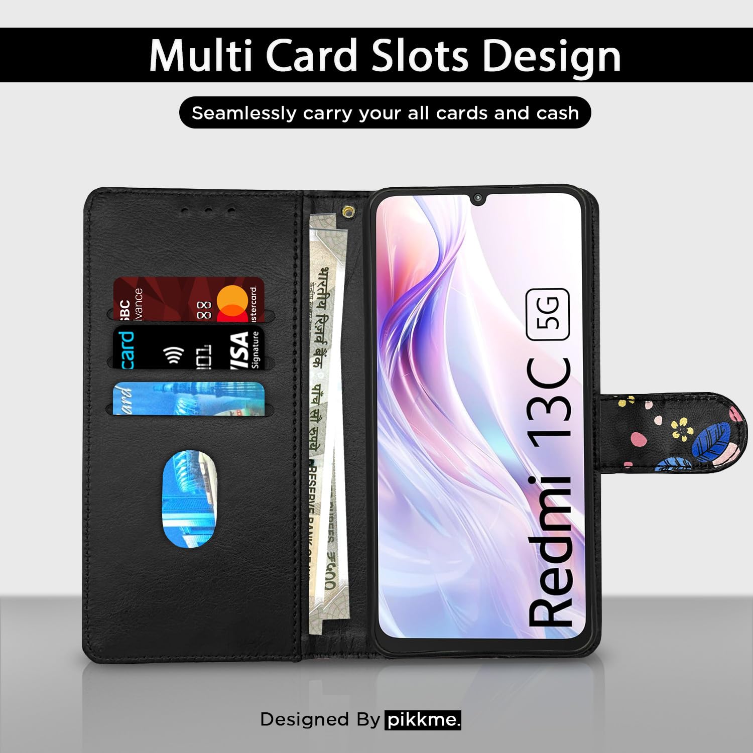 Black flower mobile flip cover for Redmi 13C 5G – Pikkme – photo 2