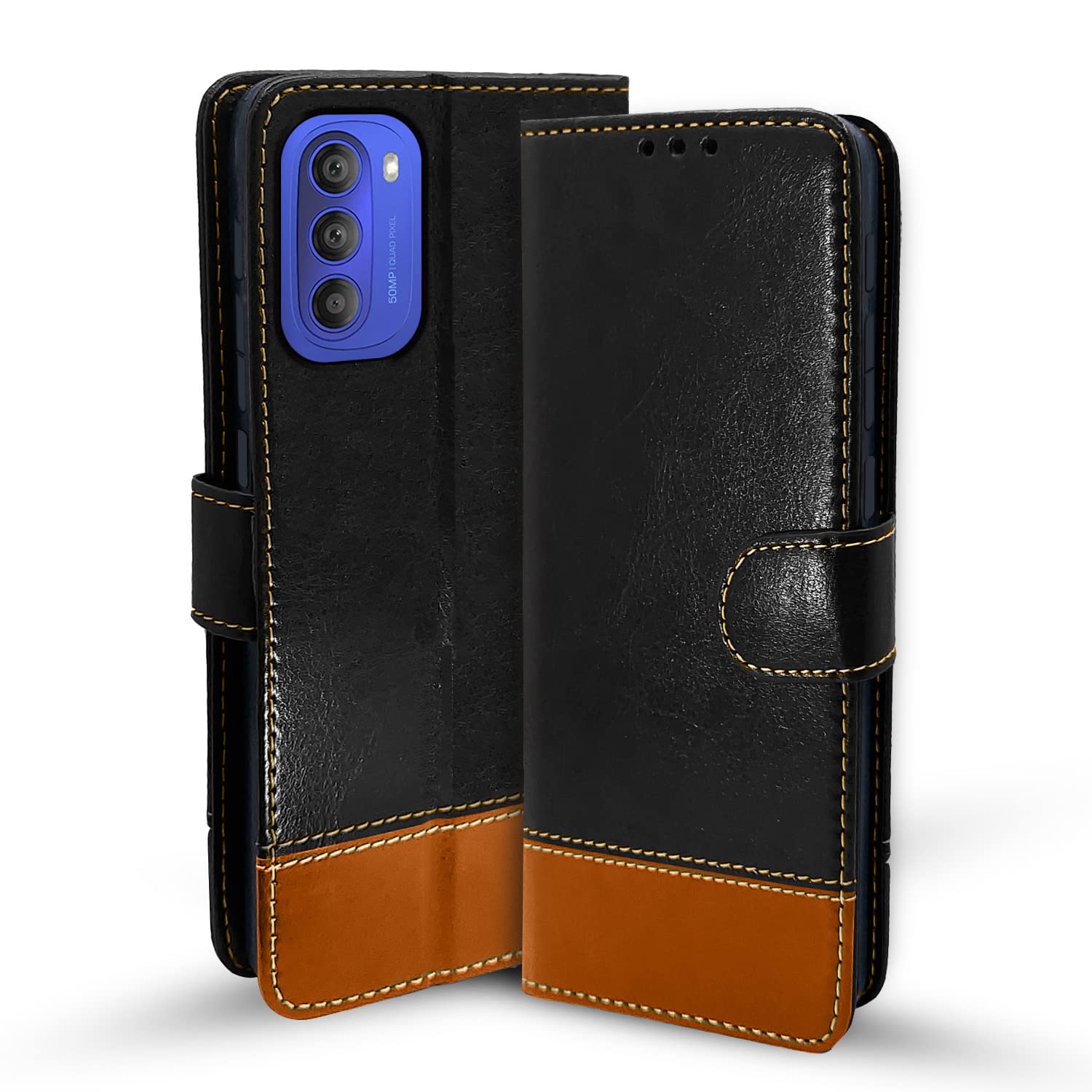 Moto G51 5G Magnetic flip case in black & brown by Pikkme