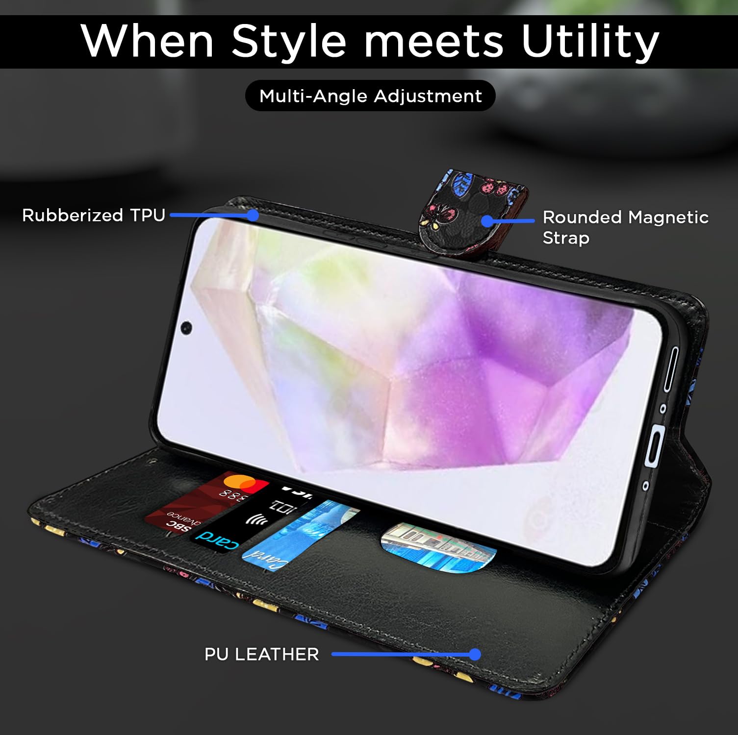 Samsung A56 5G wallet flip cover in black flower by Pikkme – photo 5