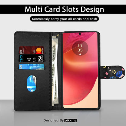 Pikkme Moto Edge 50 Fusion 5G Flower Flip Cover (Black)