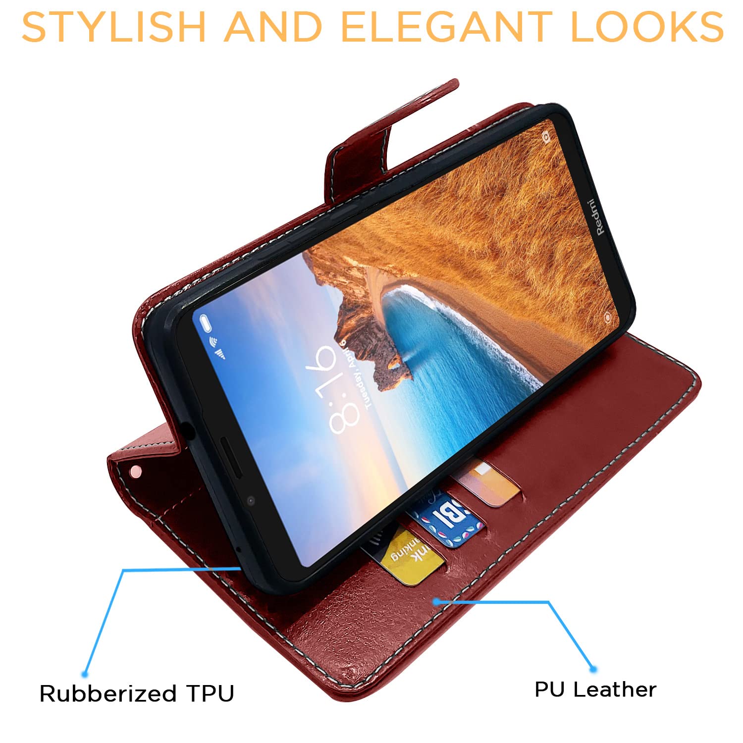 Redmi 7A Magnetic wallet flip cover in brown & coffee by Pikkme – photo 5