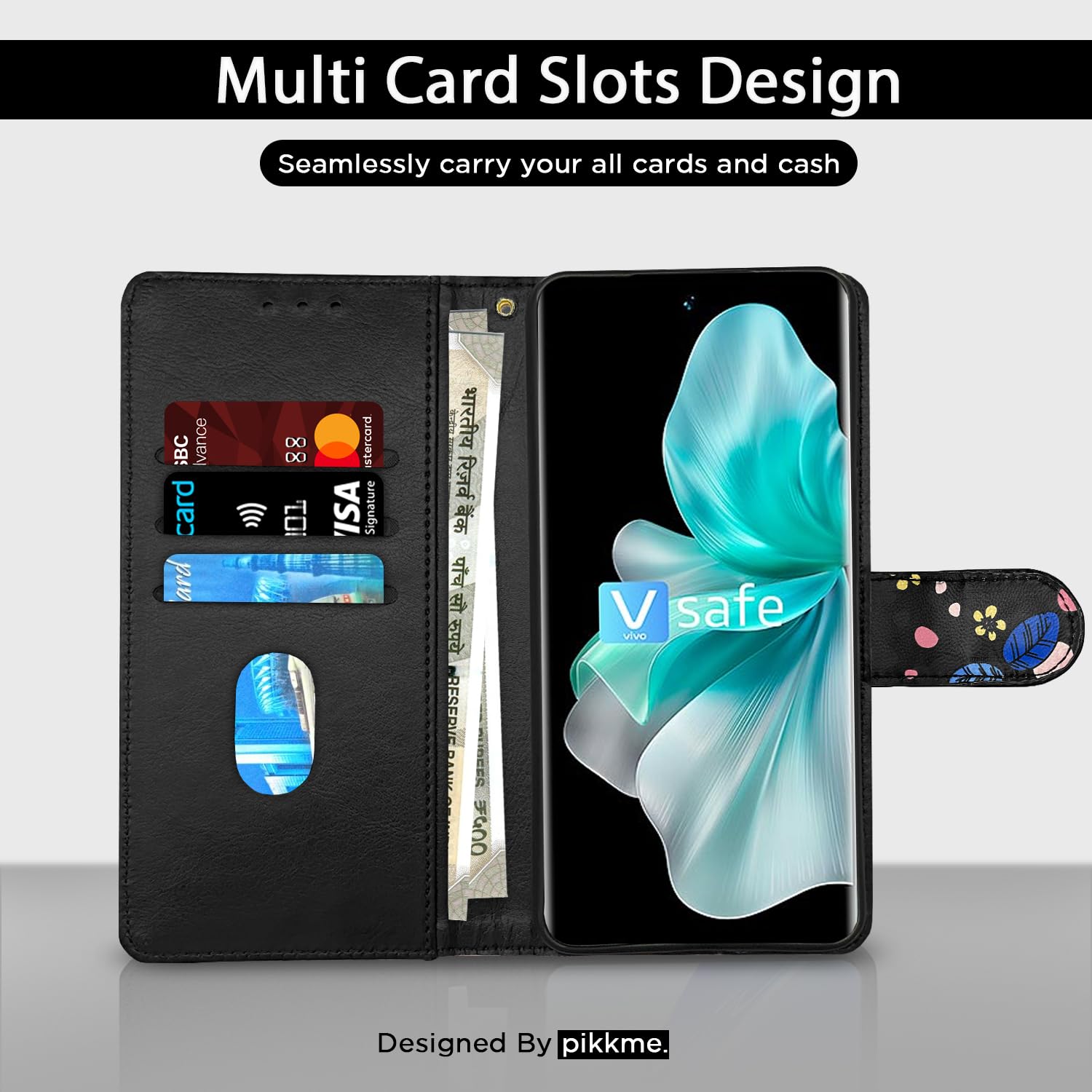 Black flower Wallet wallet flip cover for Vivo V30 5G – Pikkme – photo 2