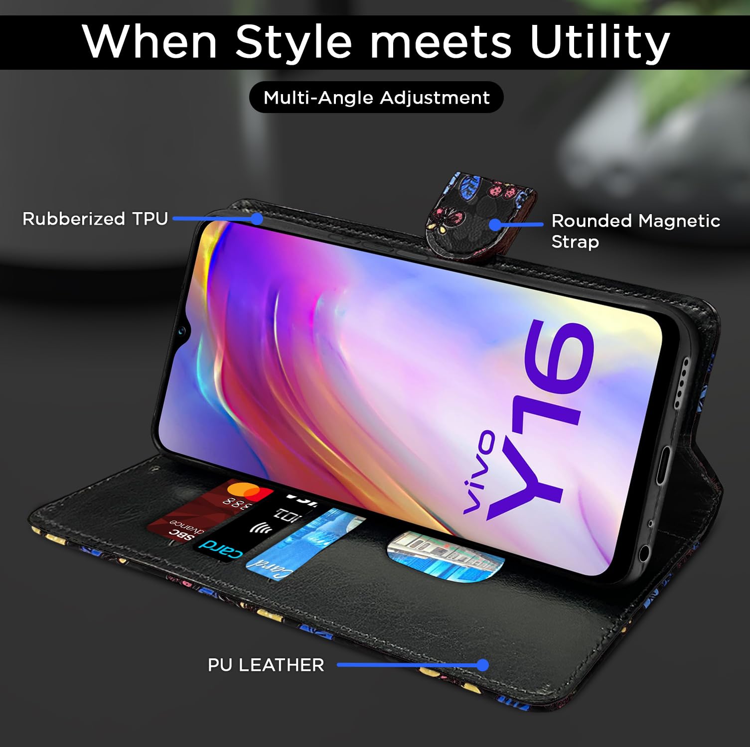 Vivo Y16 Wallet mobile flip cover in black flower by Pikkme – photo 5