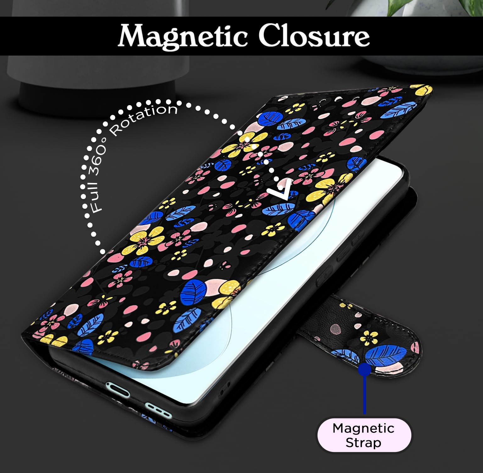 Vivo V29/V29 Pro 5G Wallet mobile flip cover in black flower by Pikkme – photo 2