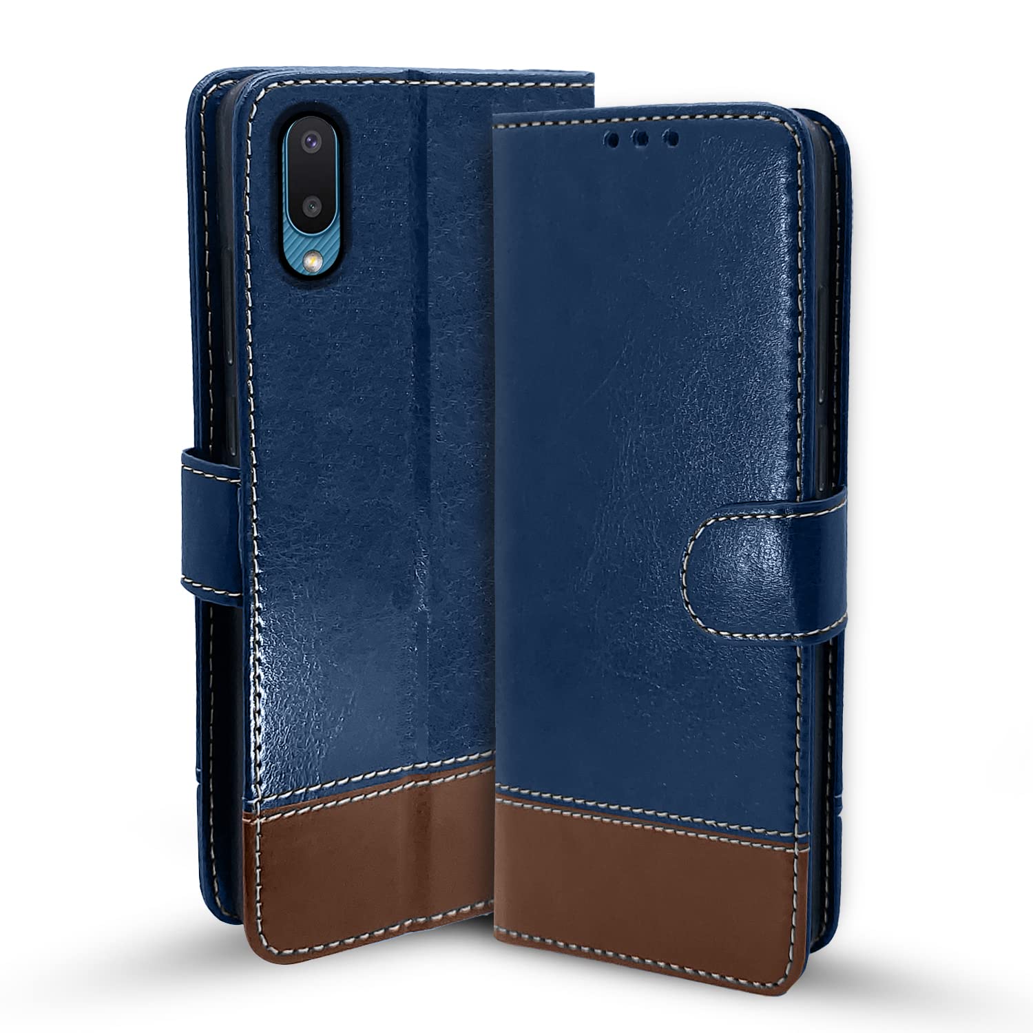 Blue & brown Magnetic mobile flip cover for Samsung M02 – Pikkme
