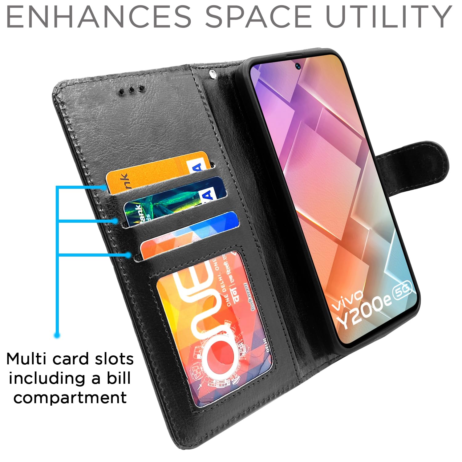 Vivo T3/Y200e 5G Wallet flip cover in black by Pikkme – photo 5