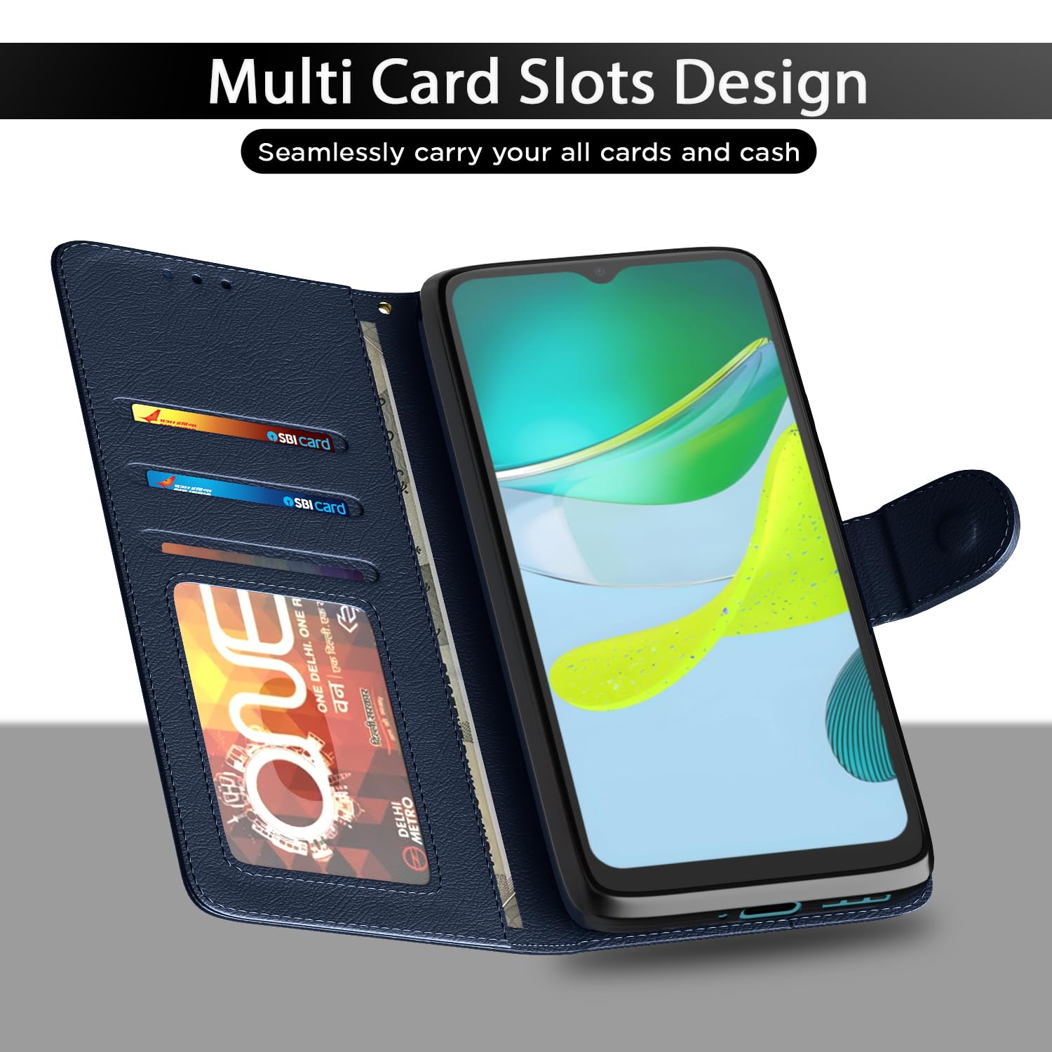 Moto E13 Wallet wallet flip cover in blue by Pikkme – photo 5