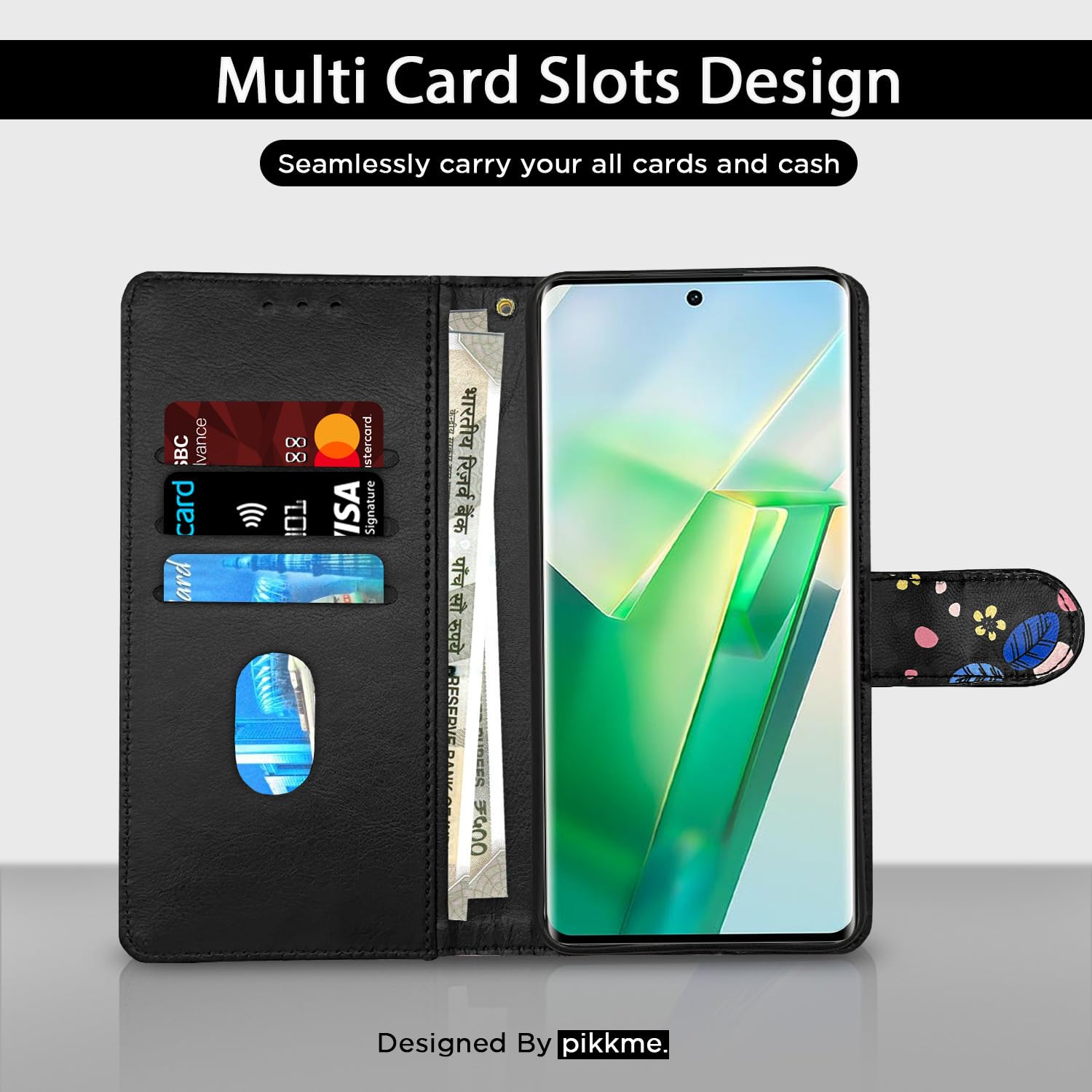 Black flower Wallet flip cover for Vivo T2 Pro 5G – Pikkme – photo 2