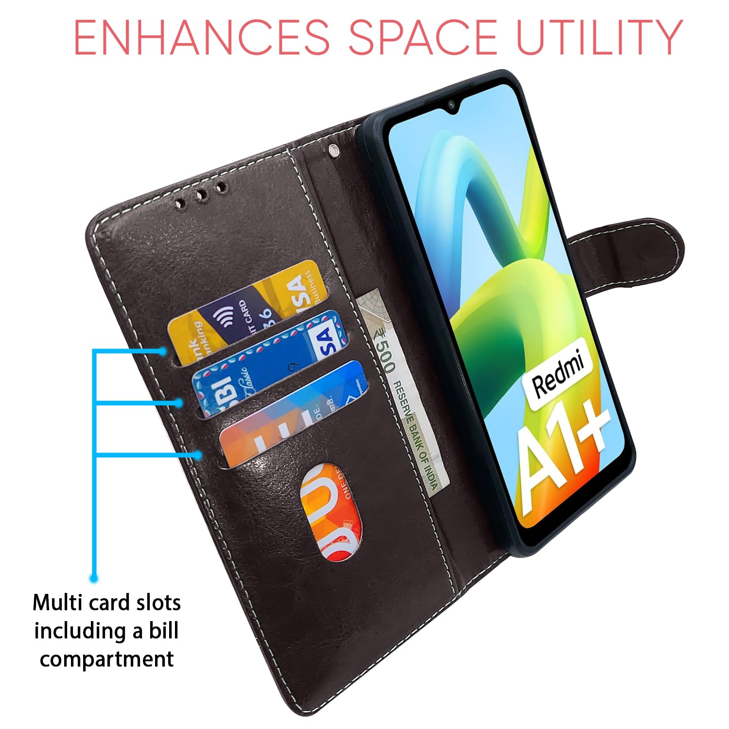 Pikkme coffee & brown Wallet wallet flip cover for Poco C51/Redmi A1 Plus/Redmi A2 Plus/C50, Redmi A1 Plus/A2 Plus/Poco C50 –
