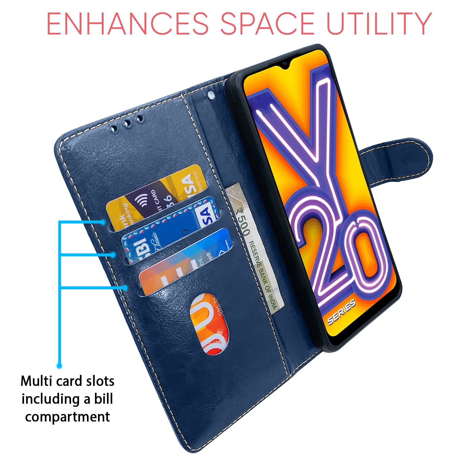 Vivo Y12s/Y20/Y20i/Y20G Magnetic wallet flip cover in blue & brown by Pikkme – photo 3