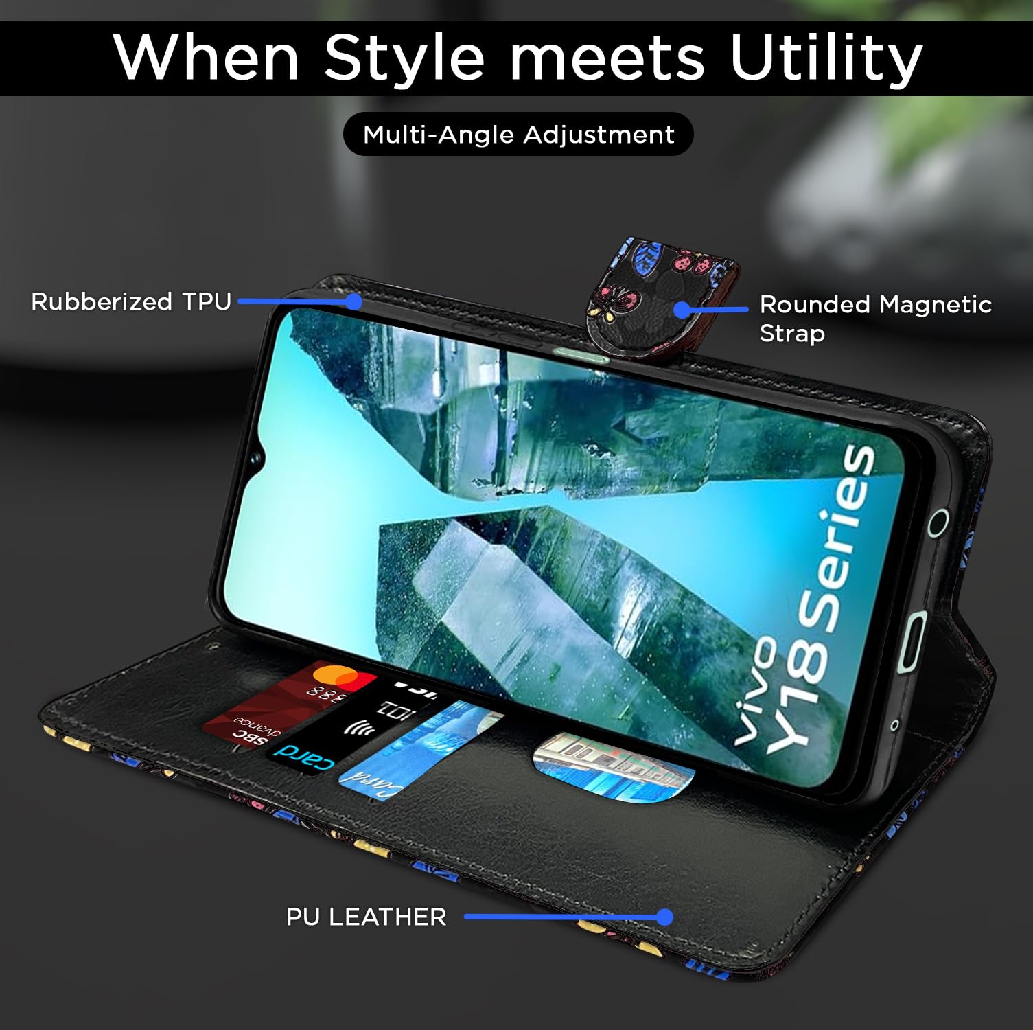 iQOO Z9 Lite 5G/Vivo T3 Lite 5G/Vivo Y18/Y18e/Y03 Wallet mobile flip cover in black flower by Pikkme – photo 5