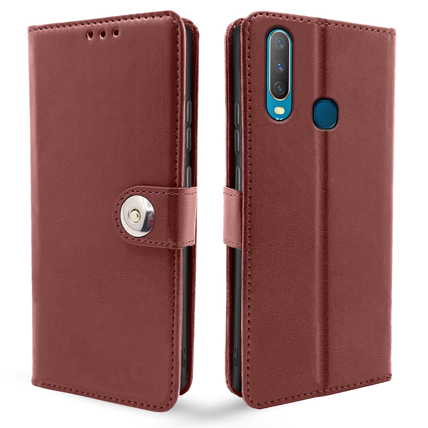 Button brown wallet flip cover for Vivo Y12/Y15/Y17/U10 – Pikkme