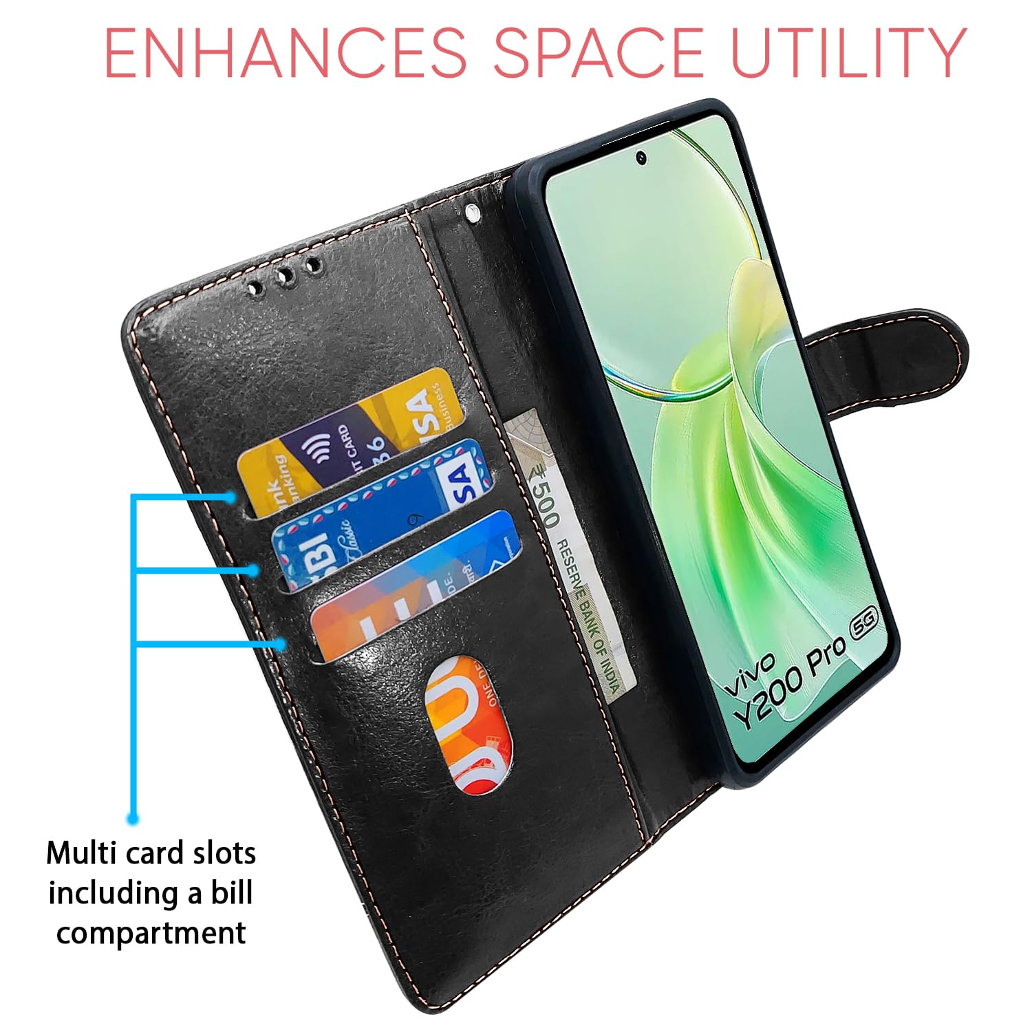 Vivo Y200 Pro 5G Magnetic flip cover in black & brown by Pikkme – photo 4