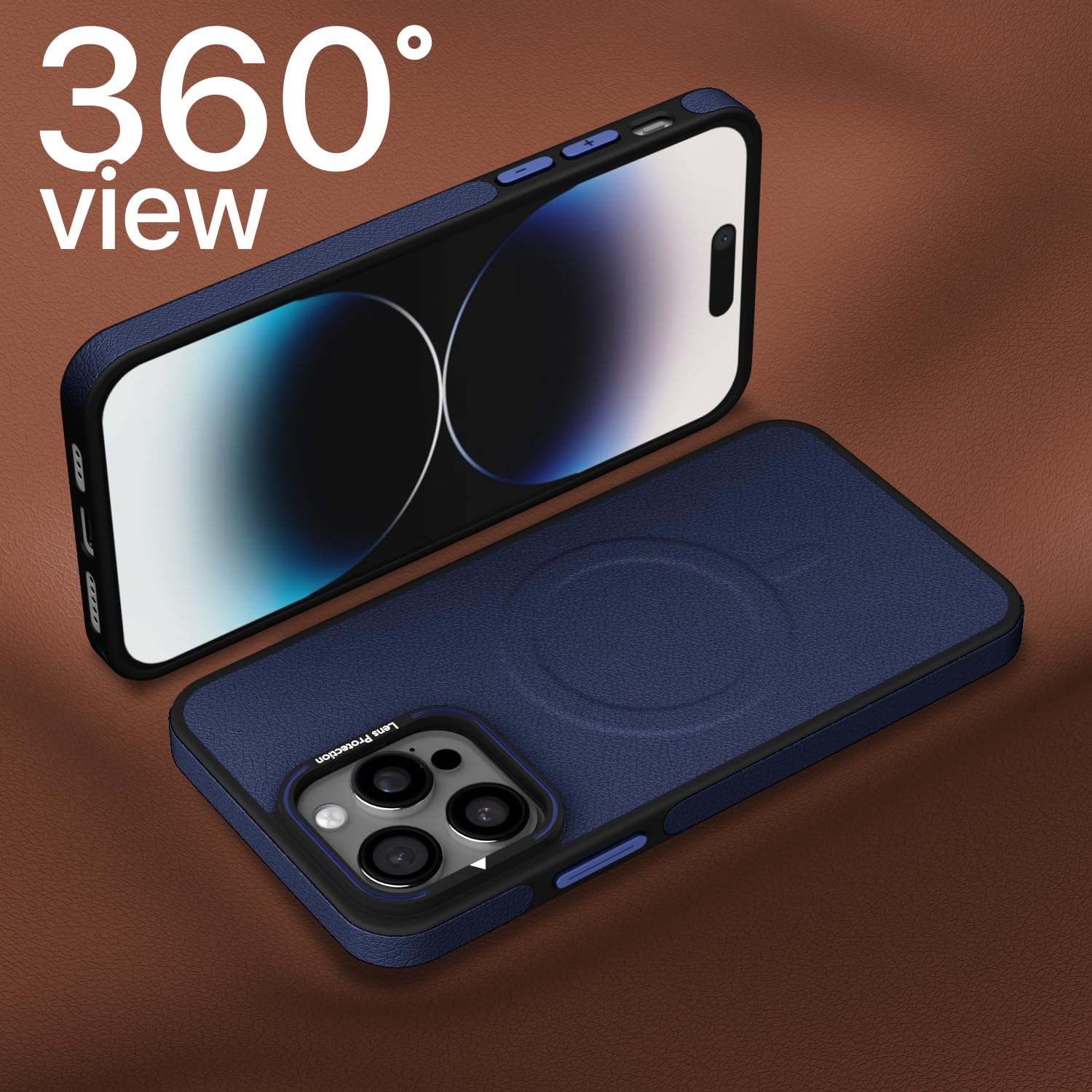 Pikkme iPhone 14 Pro Pu Leather with Metal Frame Lens Protection Bumper Case (Blue)