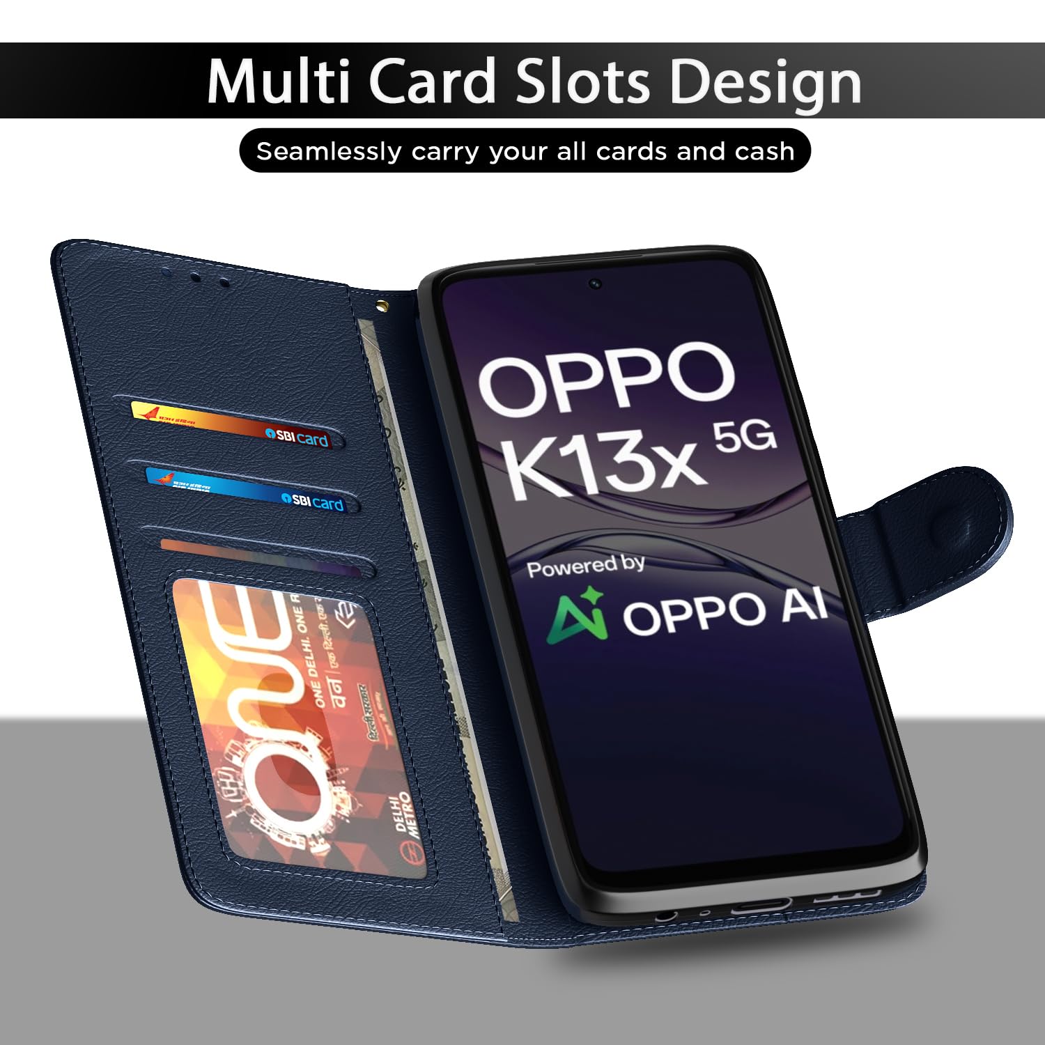 Pikkme Oppo K13x 5G  Premium Leather Finish Vintage Flip Cover (Blue)