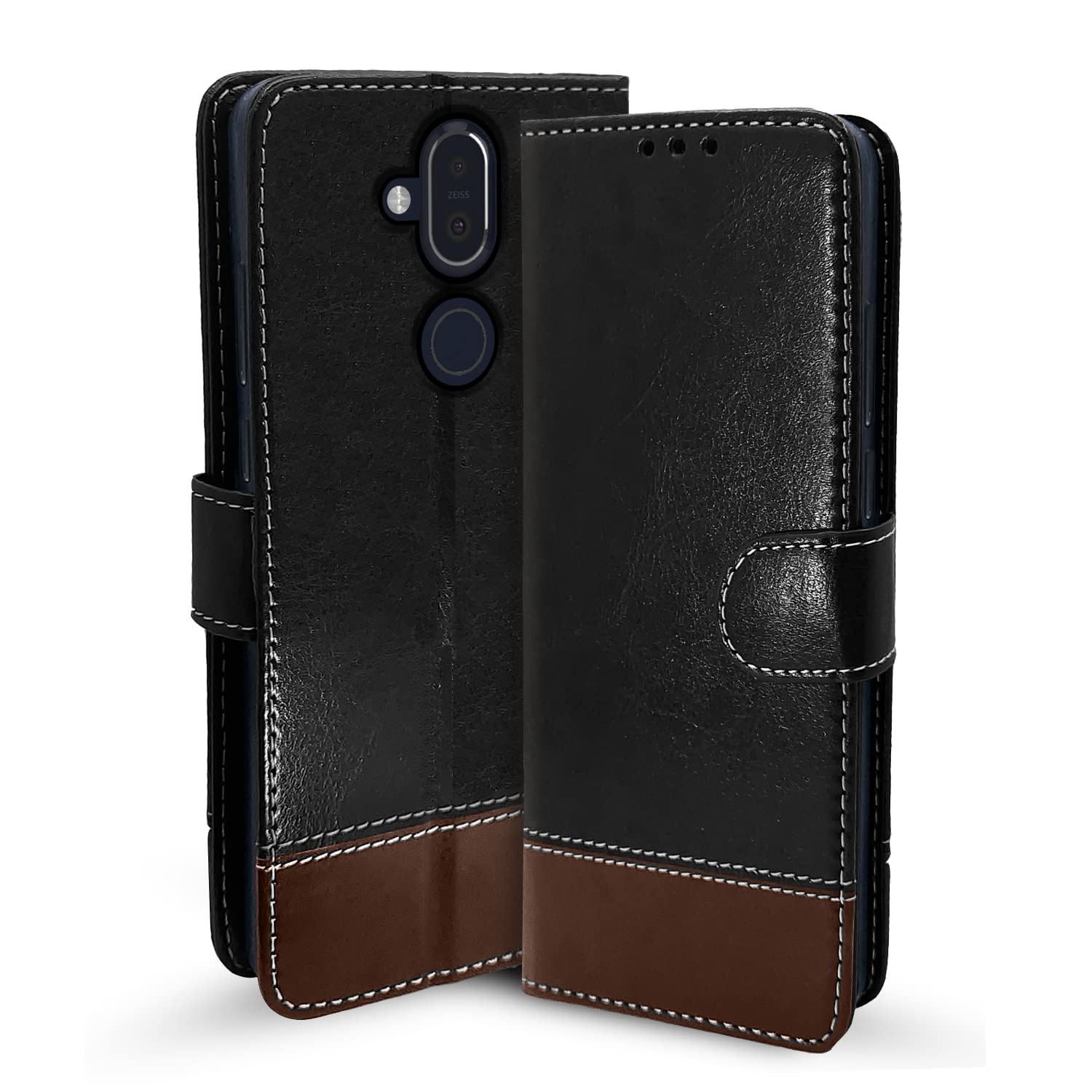 Pikkme black & brown wallet flip cover for Nokia 8.1