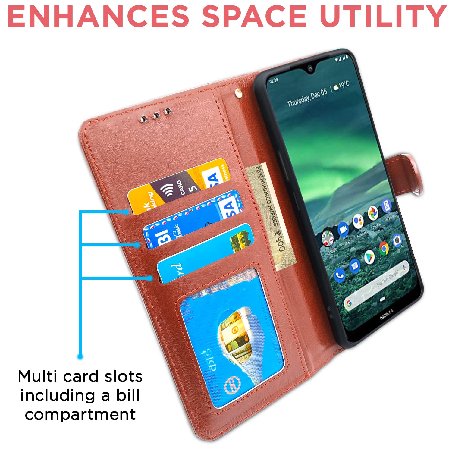Nokia 2.3 wallet flip cover in brown by Pikkme – photo 3