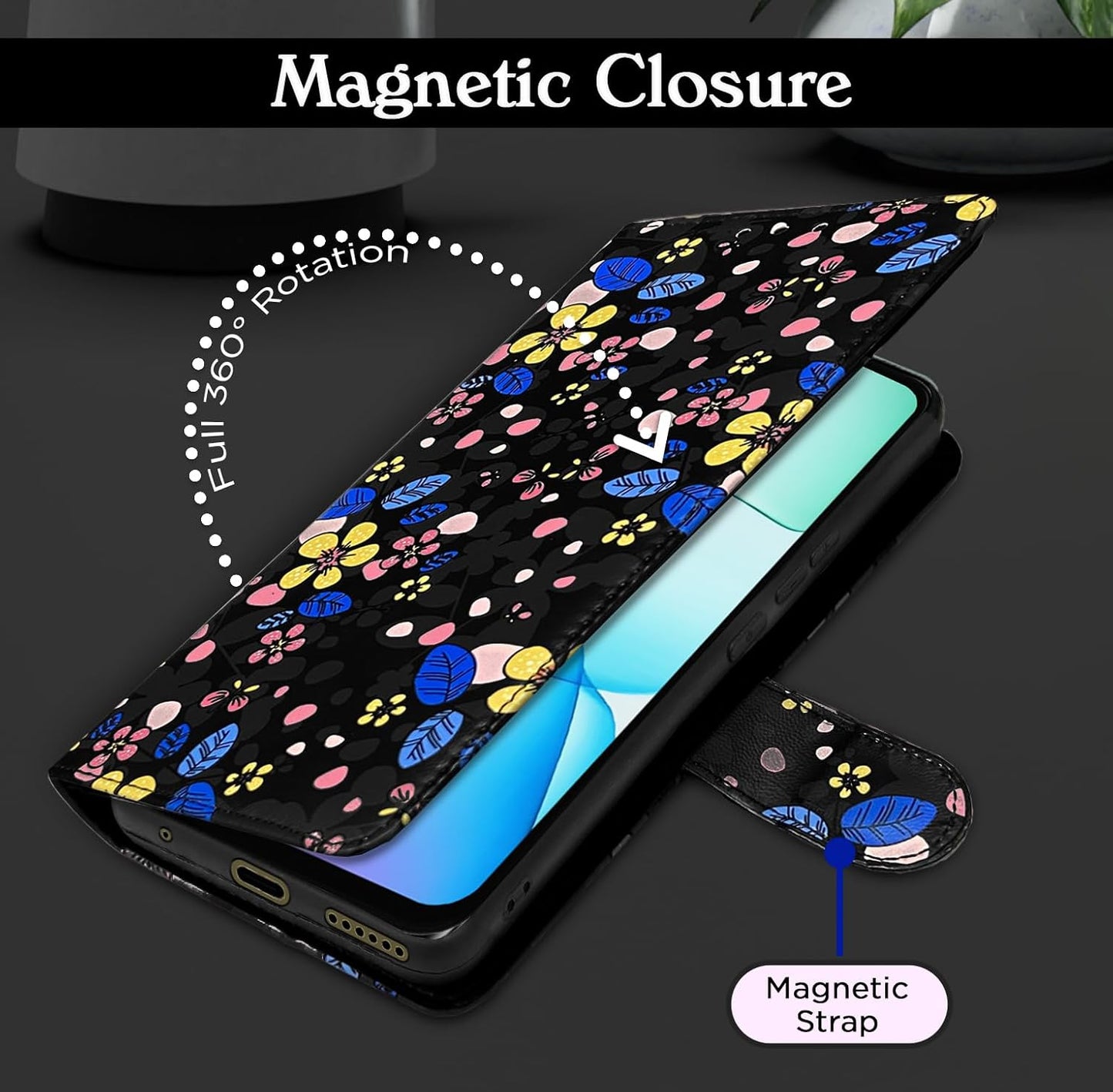 Pikkme Redmi 13 5G Flower Flip Cover (Black)