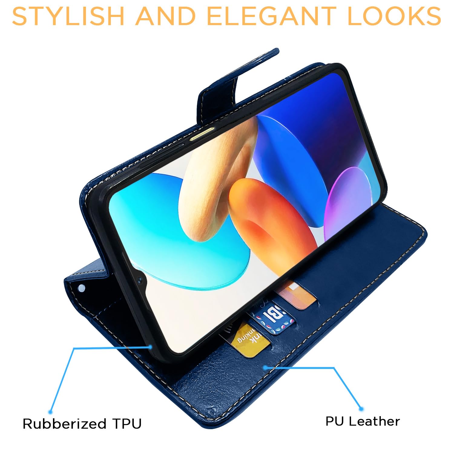 Vivo Y35 Magnetic wallet flip cover in blue & brown by Pikkme – photo 5