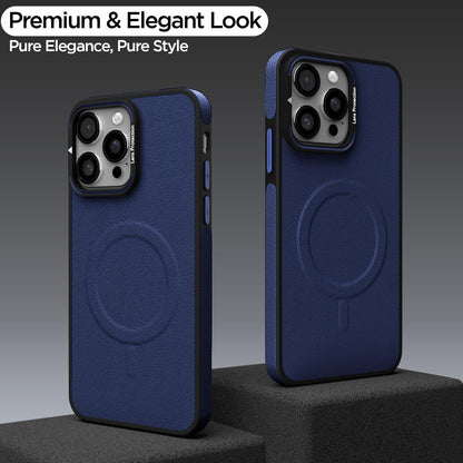Pikkme iPhone 14 Pro Pu Leather with Metal Frame Lens Protection Bumper Case (Blue)