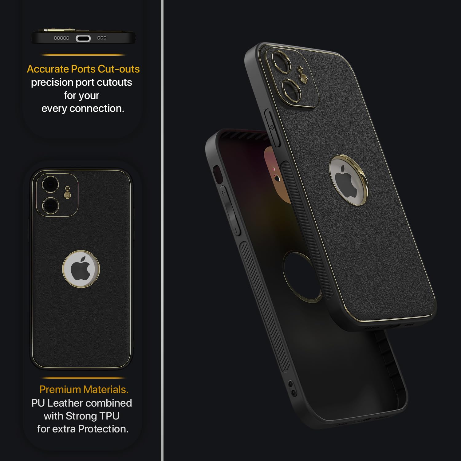 Pikkme iPhone 12 Gold Electroplated Premium Leather Chrome Back Cover (Black)