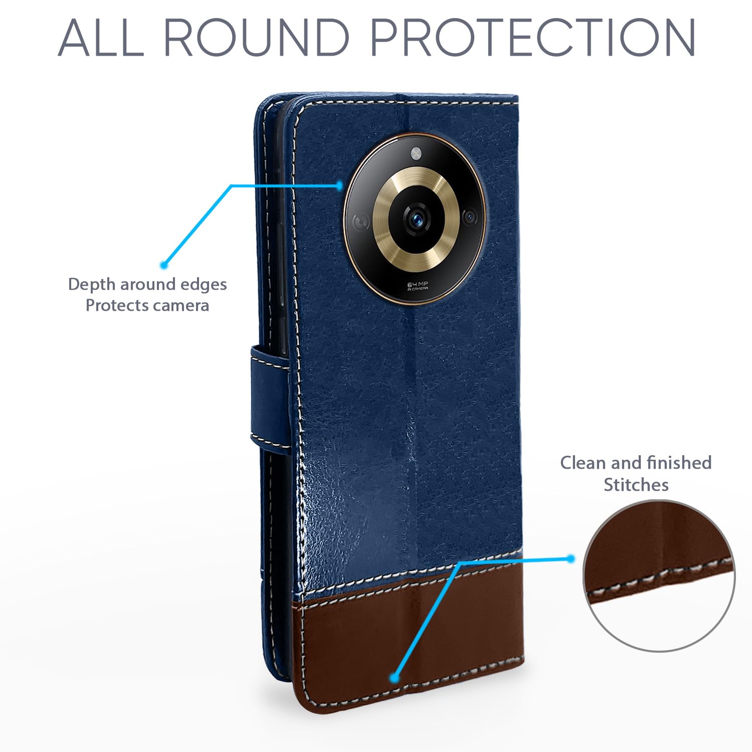 Realme Narzo 60 5G Magnetic wallet flip cover in blue & brown by Pikkme – photo 4