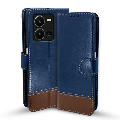 Vivo Y35 wallet flip cover in blue & brown by Pikkme