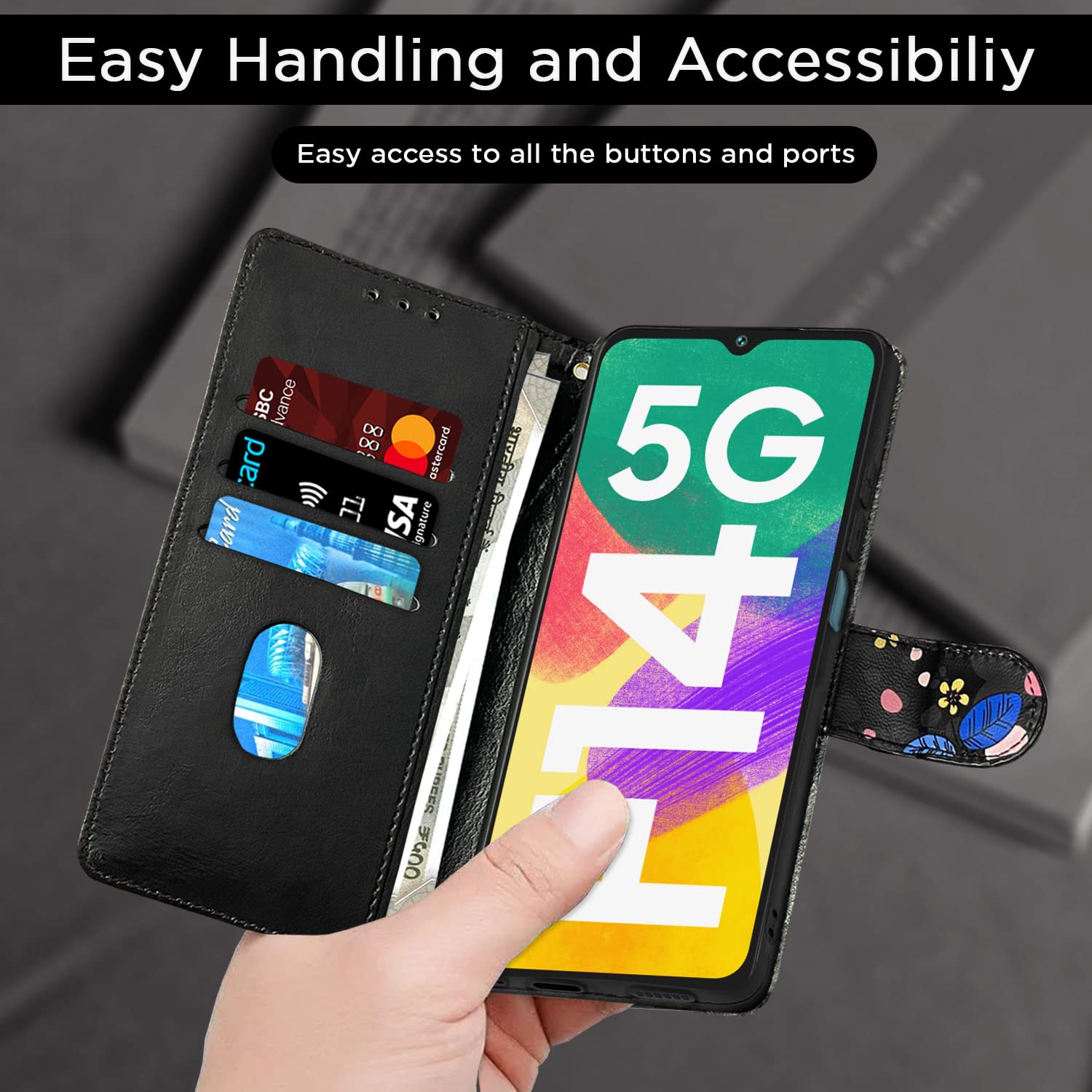 Pikkme black flower wallet flip cover for Samsung F14 5G – photo 6