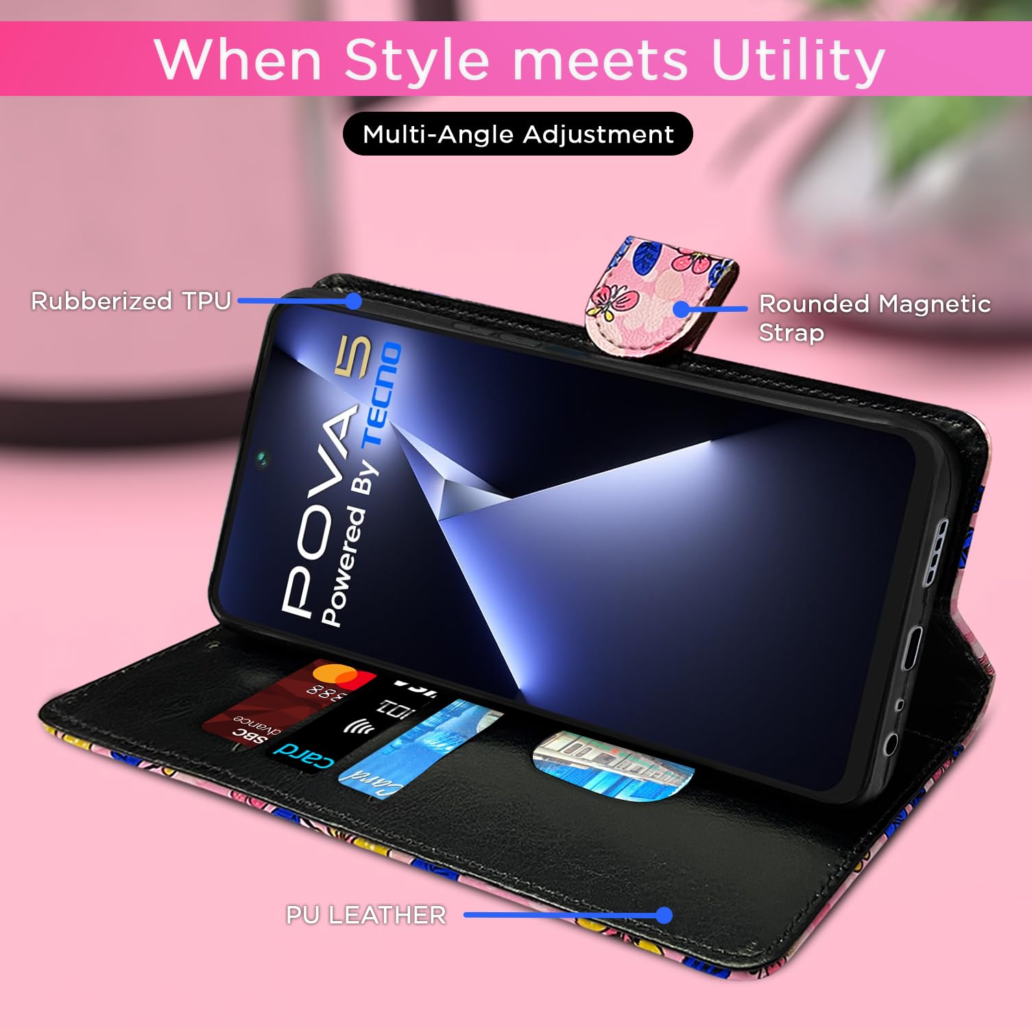 Pikkme Tecno Pova 5/Pova 5 Pro 5G Wallet pink flower wallet flip cover – photo 5