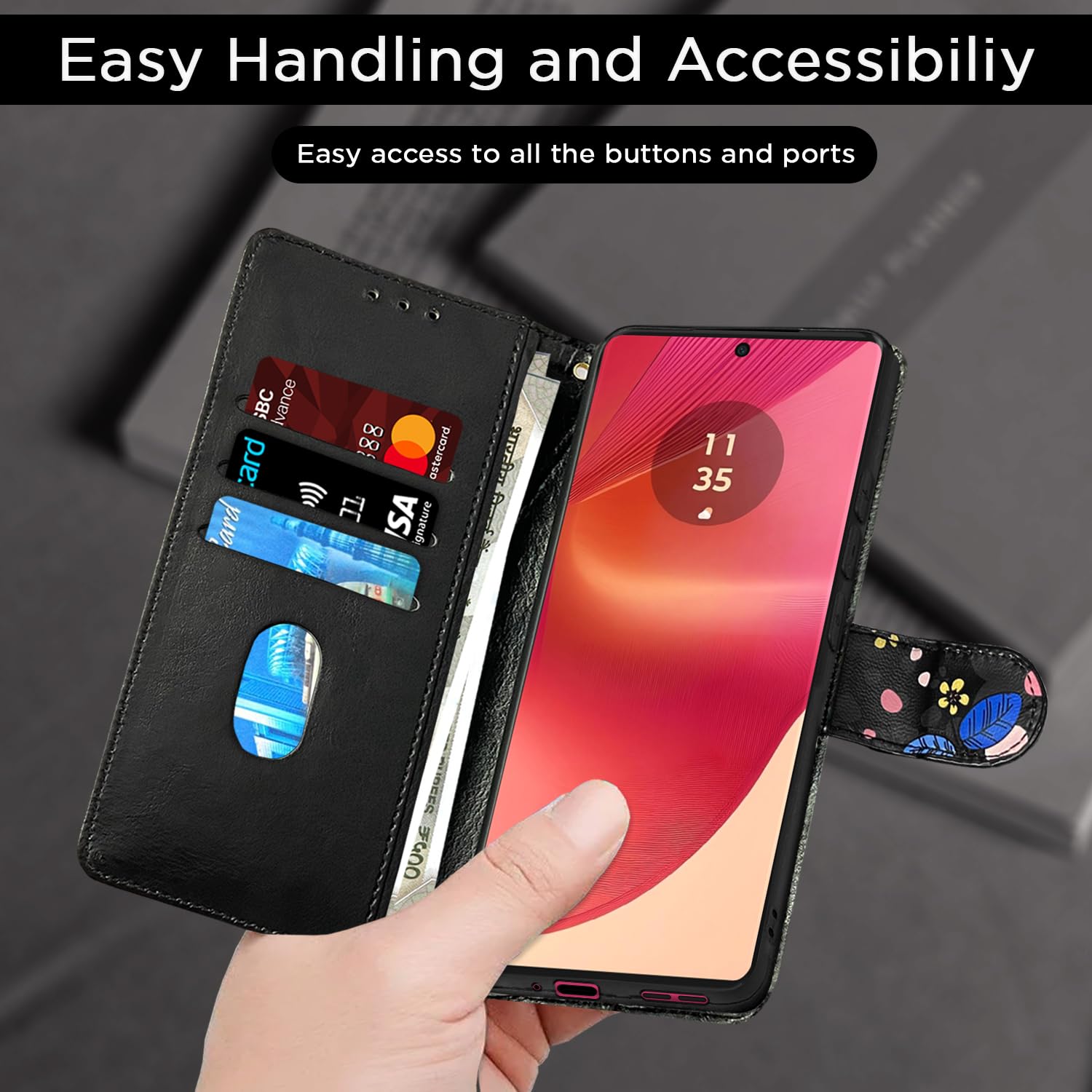 Moto Edge 50 Fusion 5G Wallet flip case in black flower by Pikkme – photo 7