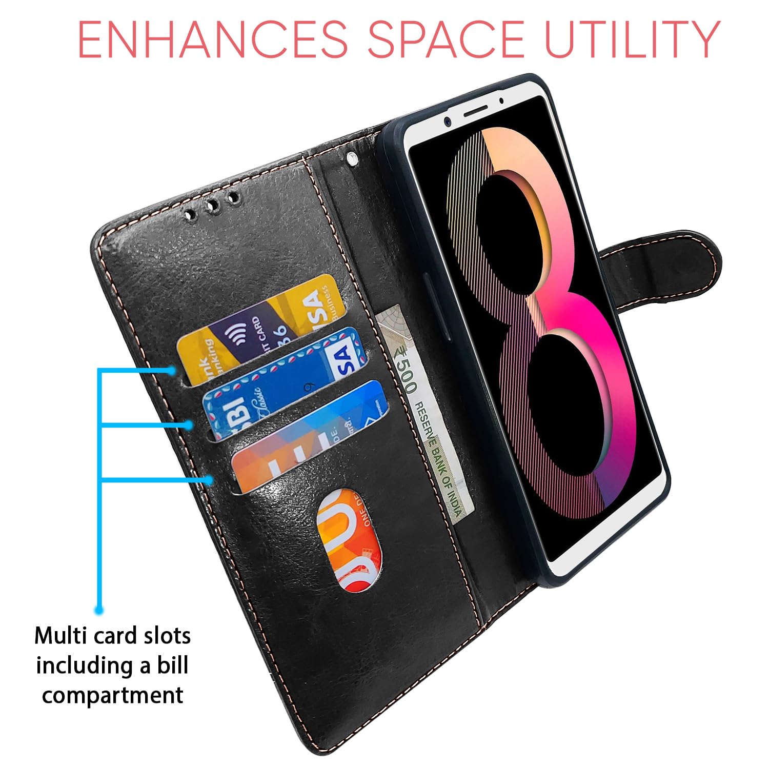 Oppo A83 Magnetic mobile flip cover in black & brown by Pikkme – photo 4