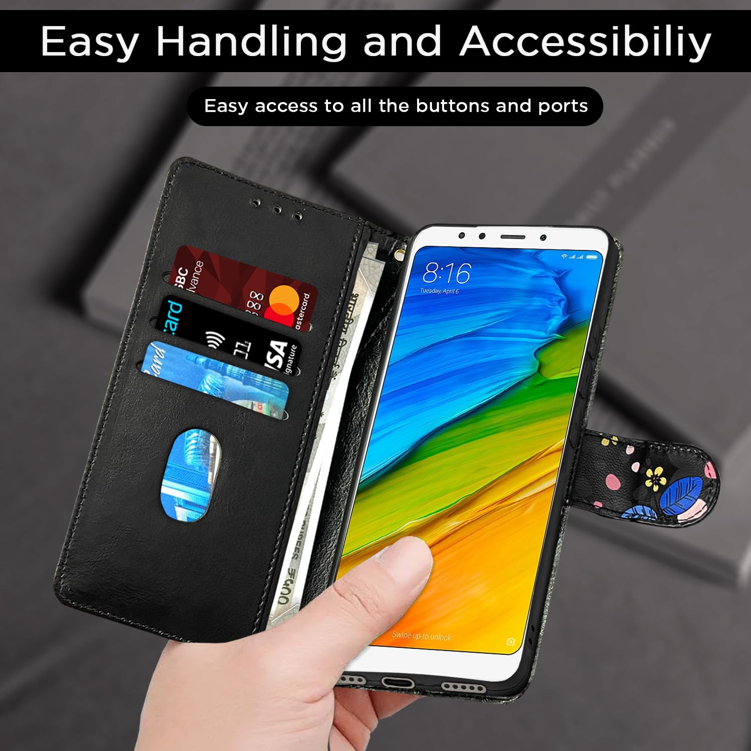 Pikkme Redmi Note 5 Wallet black flower wallet flip cover – photo 5