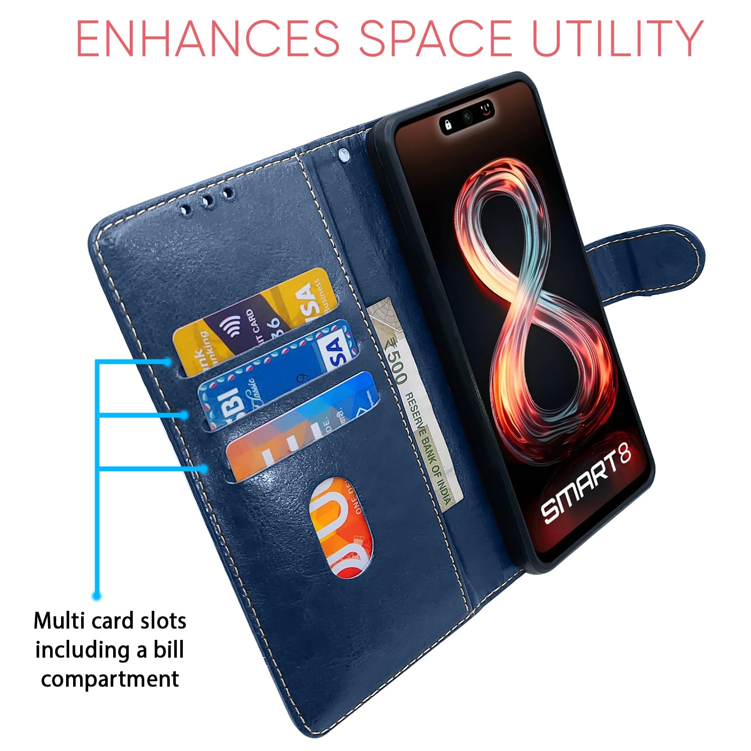 Blue & brown Magnetic wallet flip cover for Infinix Smart 8 – Pikkme – photo 4
