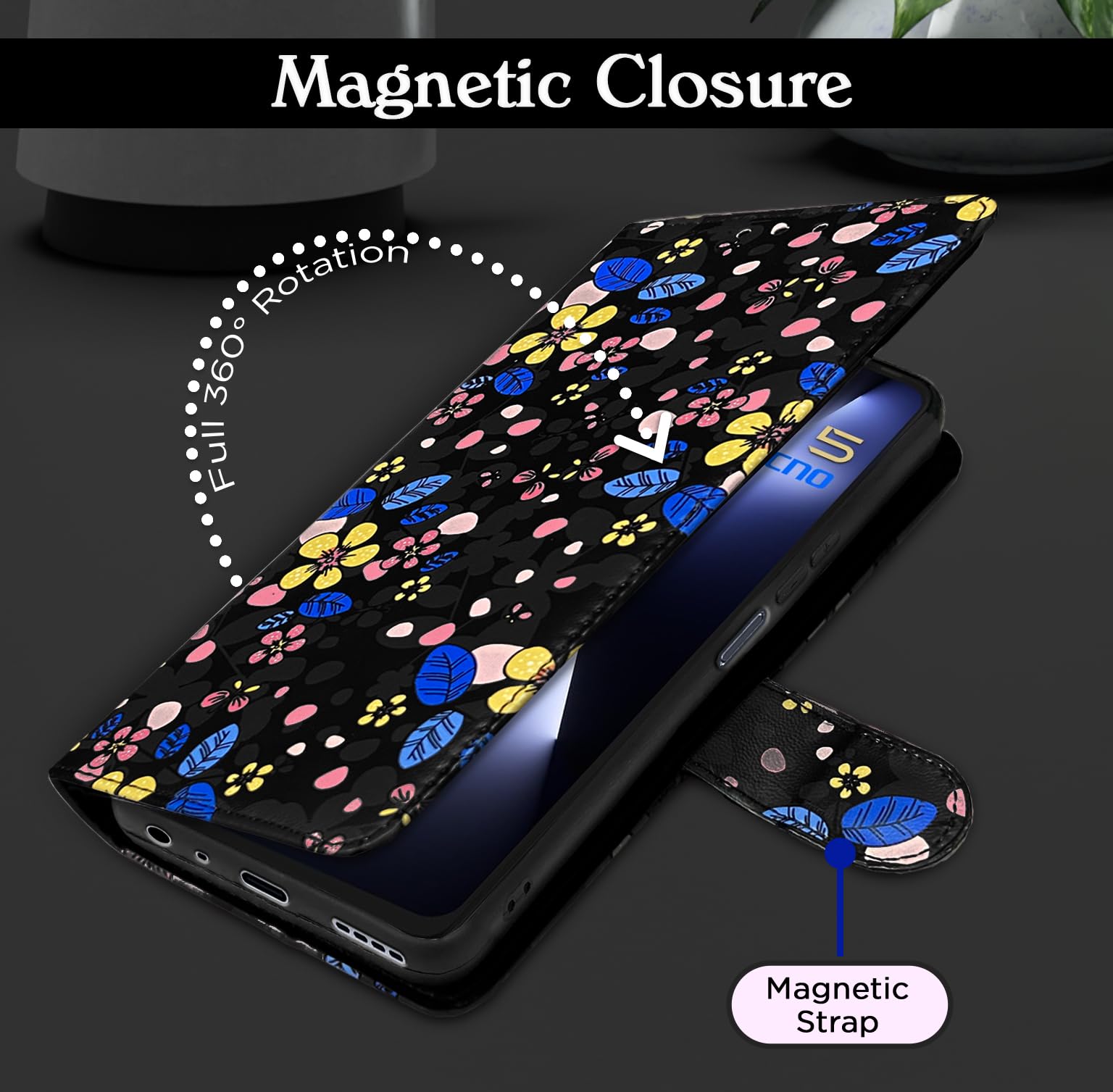 Pikkme Tecno Pova 5/Pova 5 Pro 5G Wallet black flower flip case – photo 2