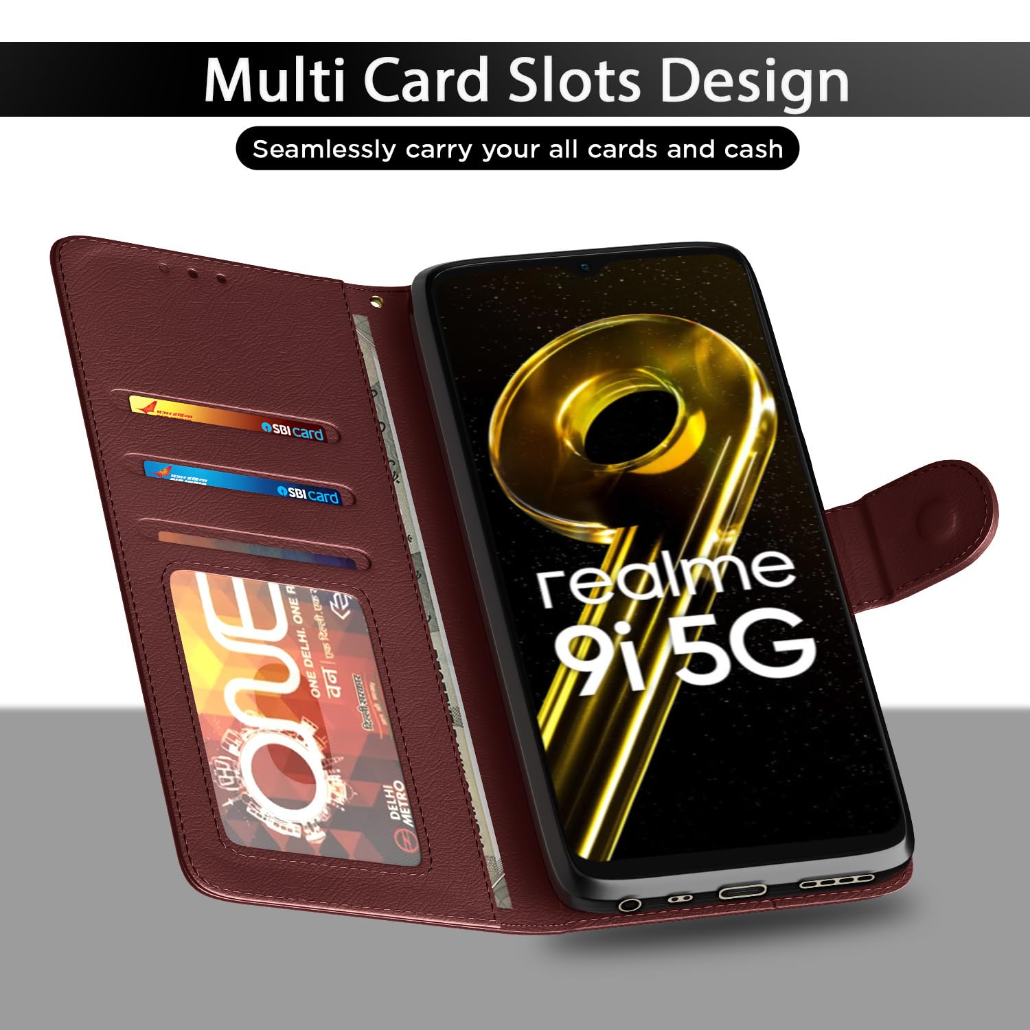 Realme 9i Wallet wallet flip cover in brown by Pikkme – photo 5