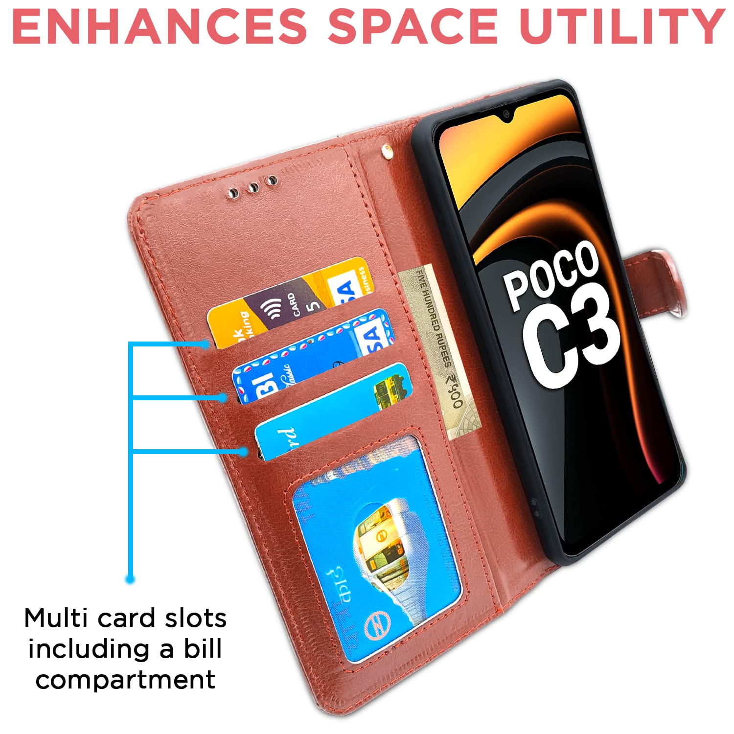 Pikkme Poco C3 Vintage Flip Cover (Brown)