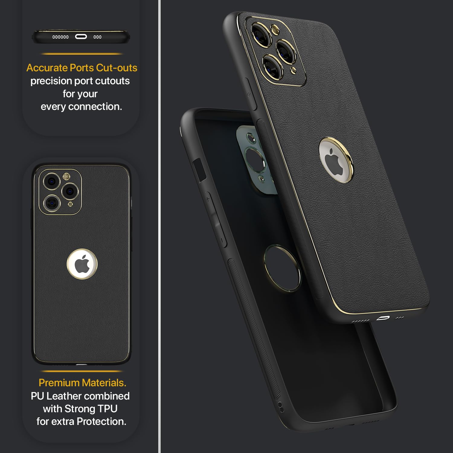 Pikkme iPhone 11 Pro Gold Electroplated Premium Leather Chrome Back Cover (Black)
