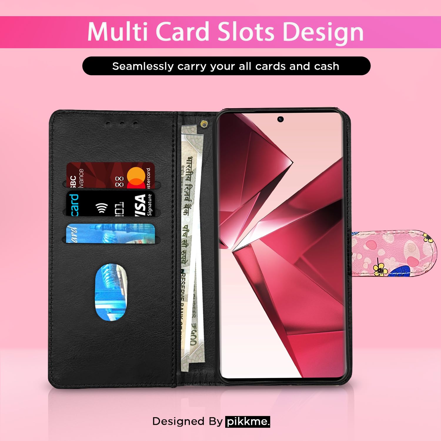 Pikkme pink flower Wallet mobile flip cover for Vivo V29E – photo 3