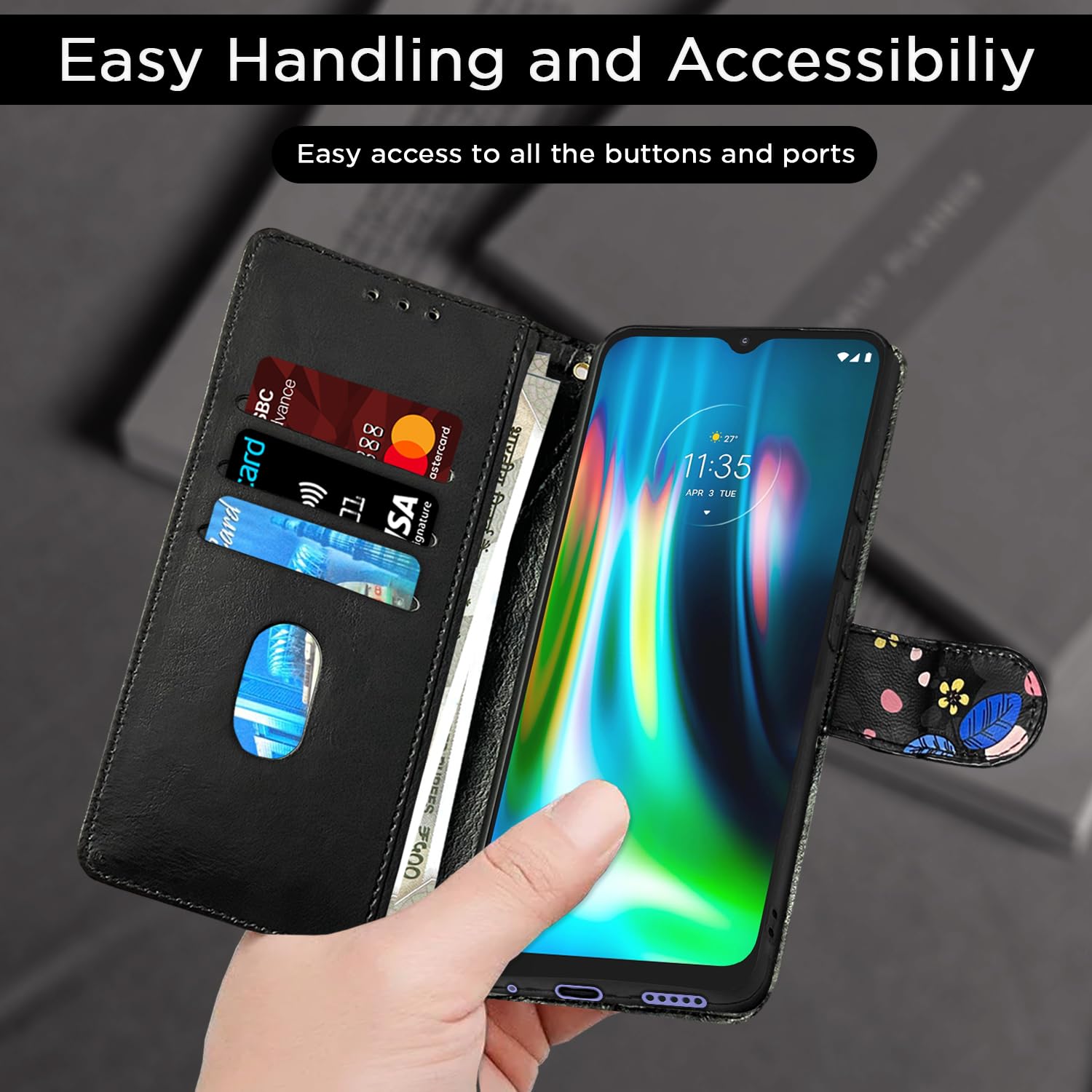 Moto G9 mobile flip cover in black flower by Pikkme – photo 6